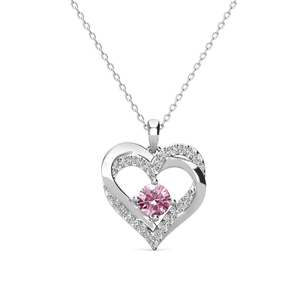 Forever October Birthstone Pink Tourmaline Necklace, 18k White Gold Plated Silver Double Heart Crystal Necklace