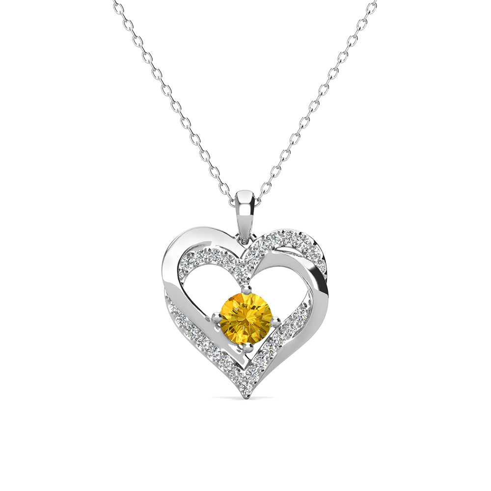 Forever November Birthstone Citrine Necklace, 18k White Gold Plated Silver Double Heart Crystal Necklace