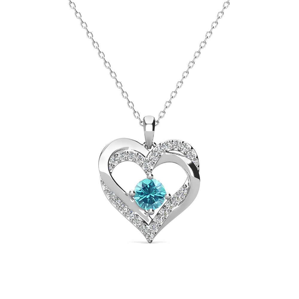 Forever March Birthstone Aquamarine Necklace, 18k White Gold Plated Silver Double Heart Crystal Necklace