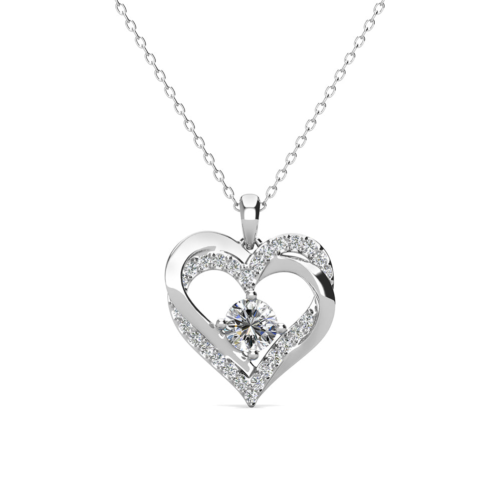 Forever April Birthstone Diamond Necklace, 18k White Gold Plated Silver Double Heart Crystal Necklace