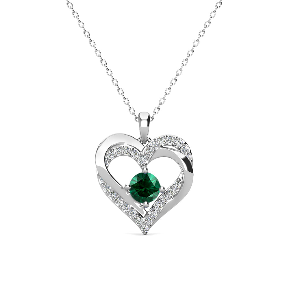 Forever May Birthstone Emerald Necklace, 18k White Gold Plated Silver Double Heart Crystal Necklace