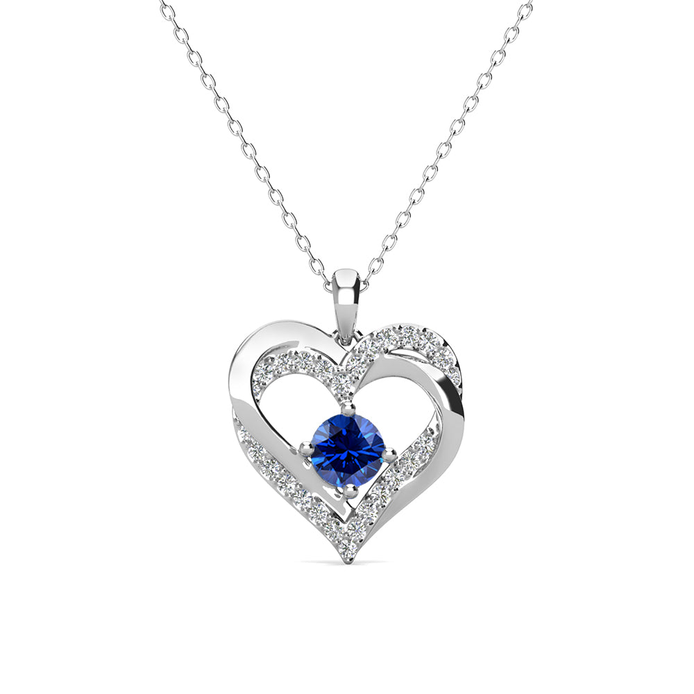Forever September Birthstone Sapphire Necklace, 18k White Gold Plated Silver Double Heart Crystal Necklace