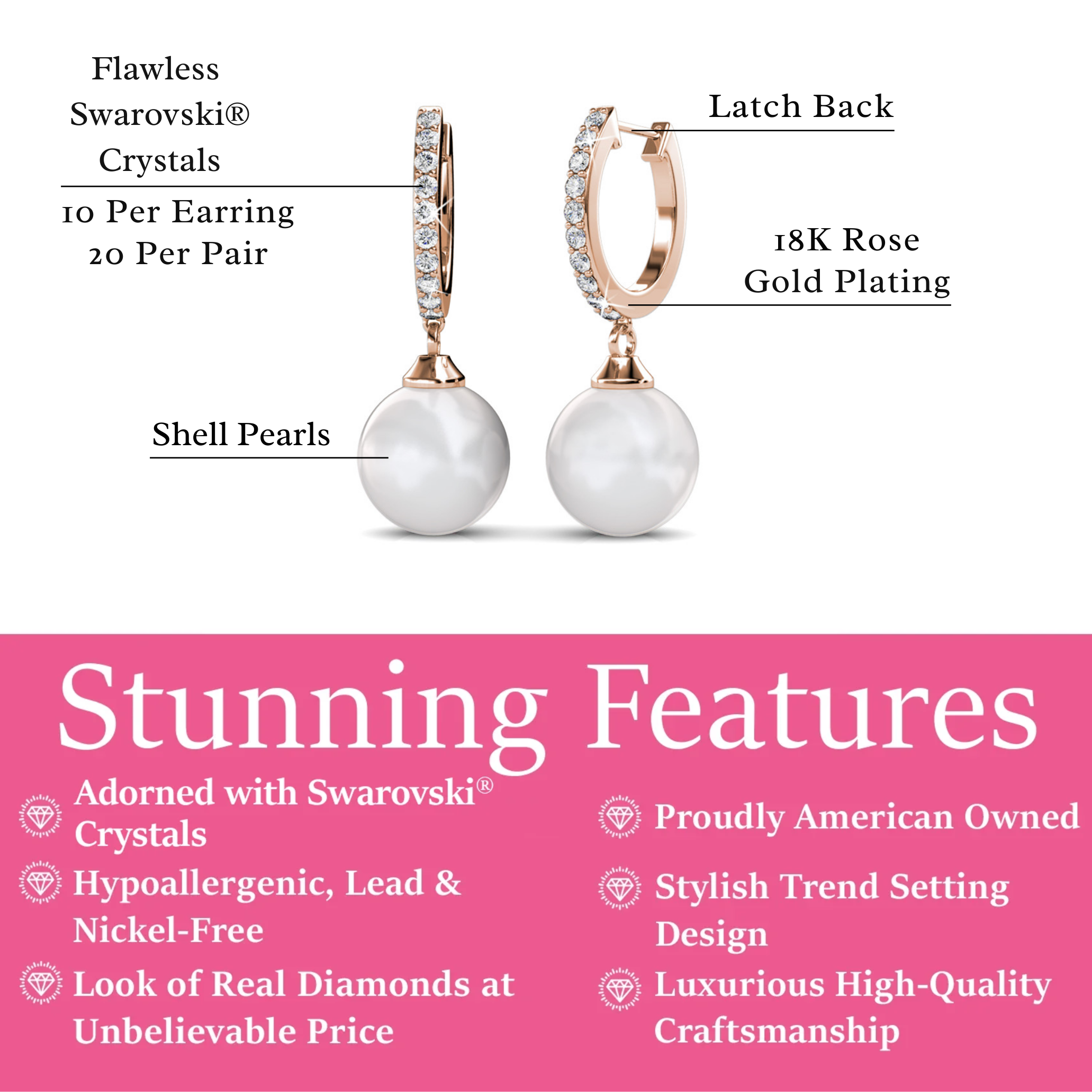 Daphne 18K White Gold Plated Pearl Dangle Earrings with Swarovski Crystals