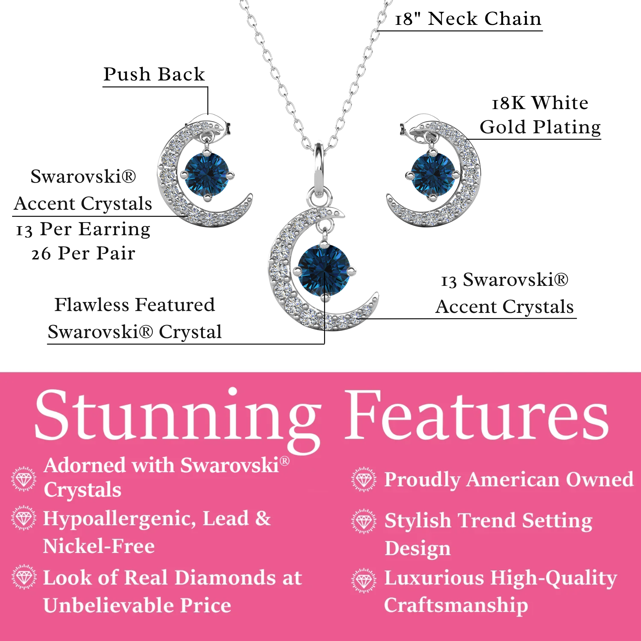 Luna Birthstone 18k White Gold Plated Silver Crescent Earrings and Necklace Set with Swarovski Crystals