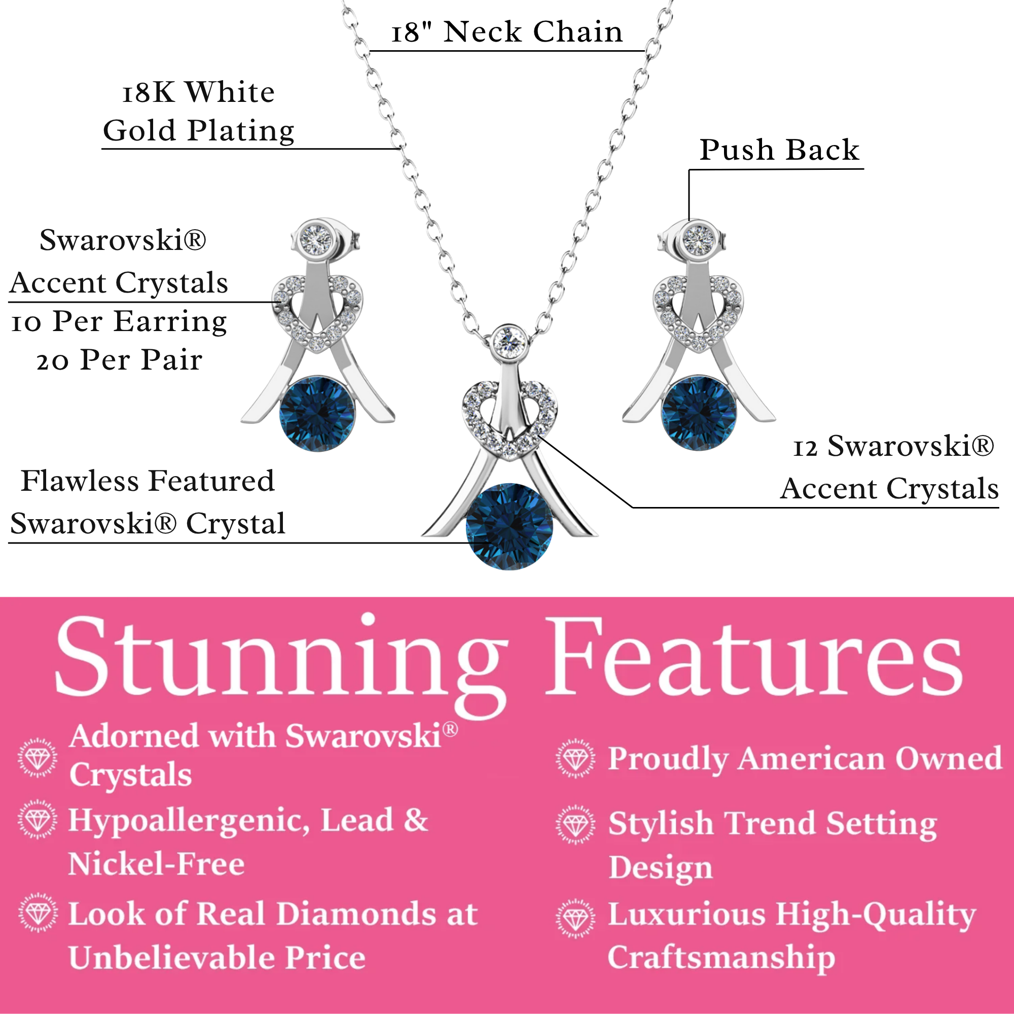 Serenity Birthstone 18k White Gold Plated Drop Earrings and Necklace Set with Swarovski Crystals