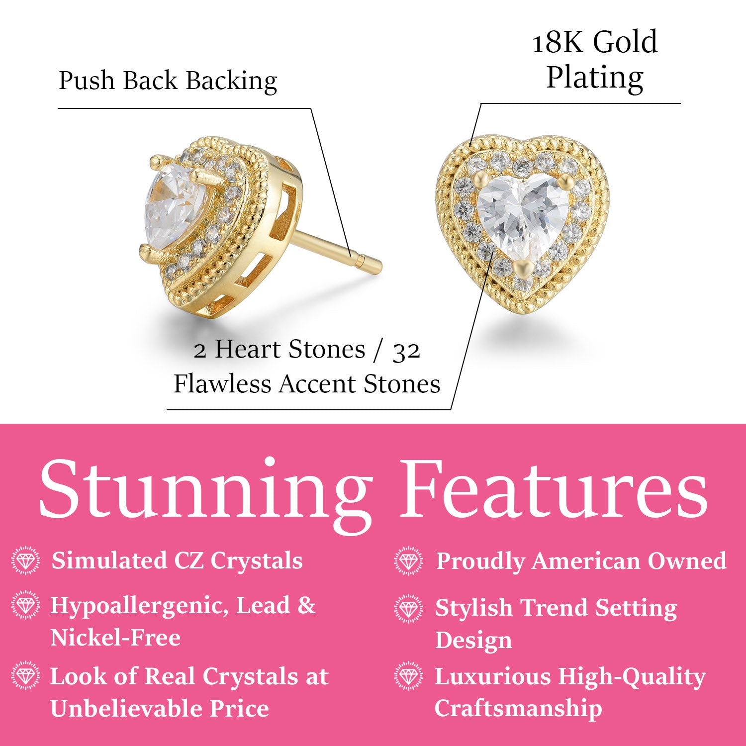 Donna 18k White Gold Plated Heart Stud Earrings with Crystals