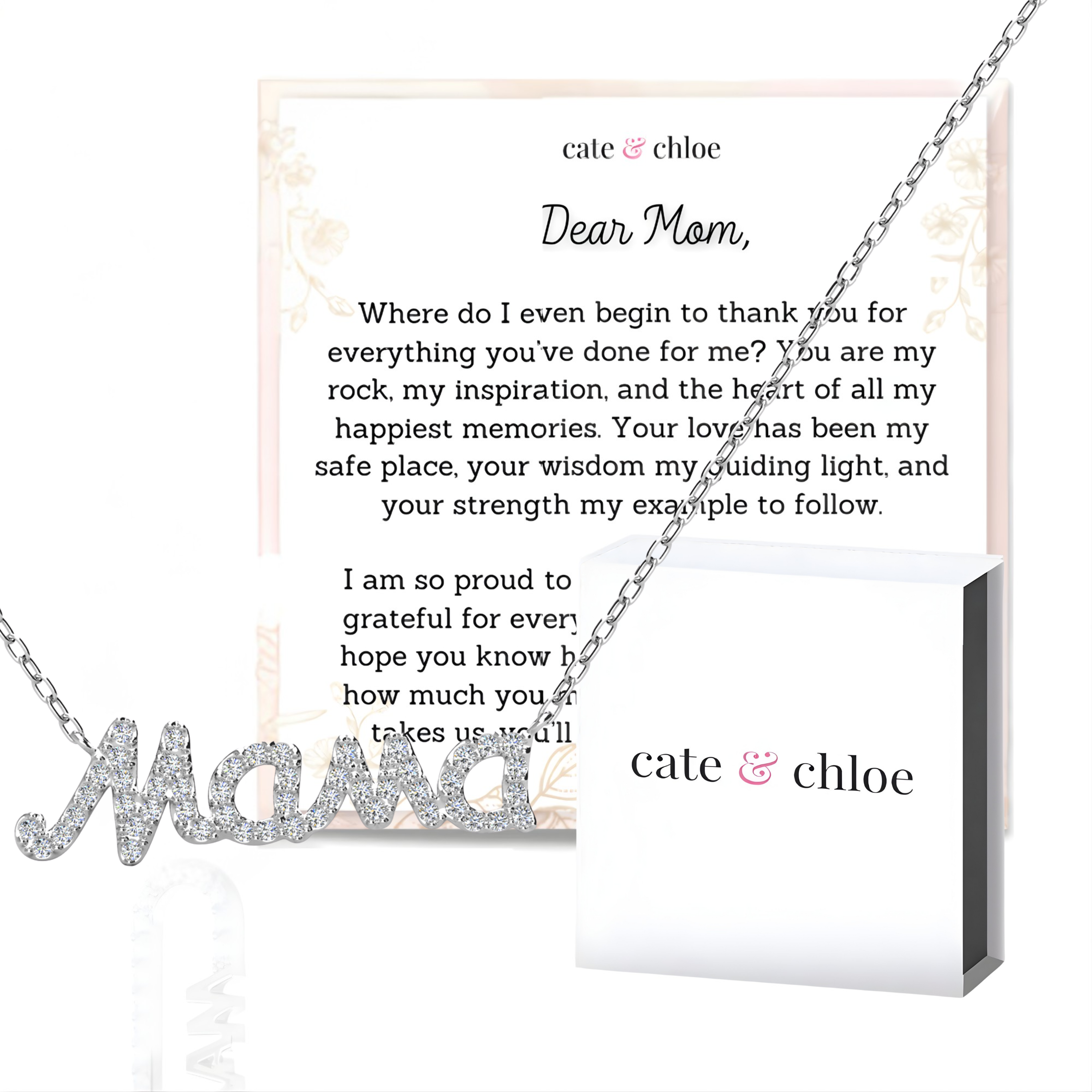 Dorothy 18k White Gold Plated Mama Necklace with Swarovski Crystals & Heartfelt Message for Mom