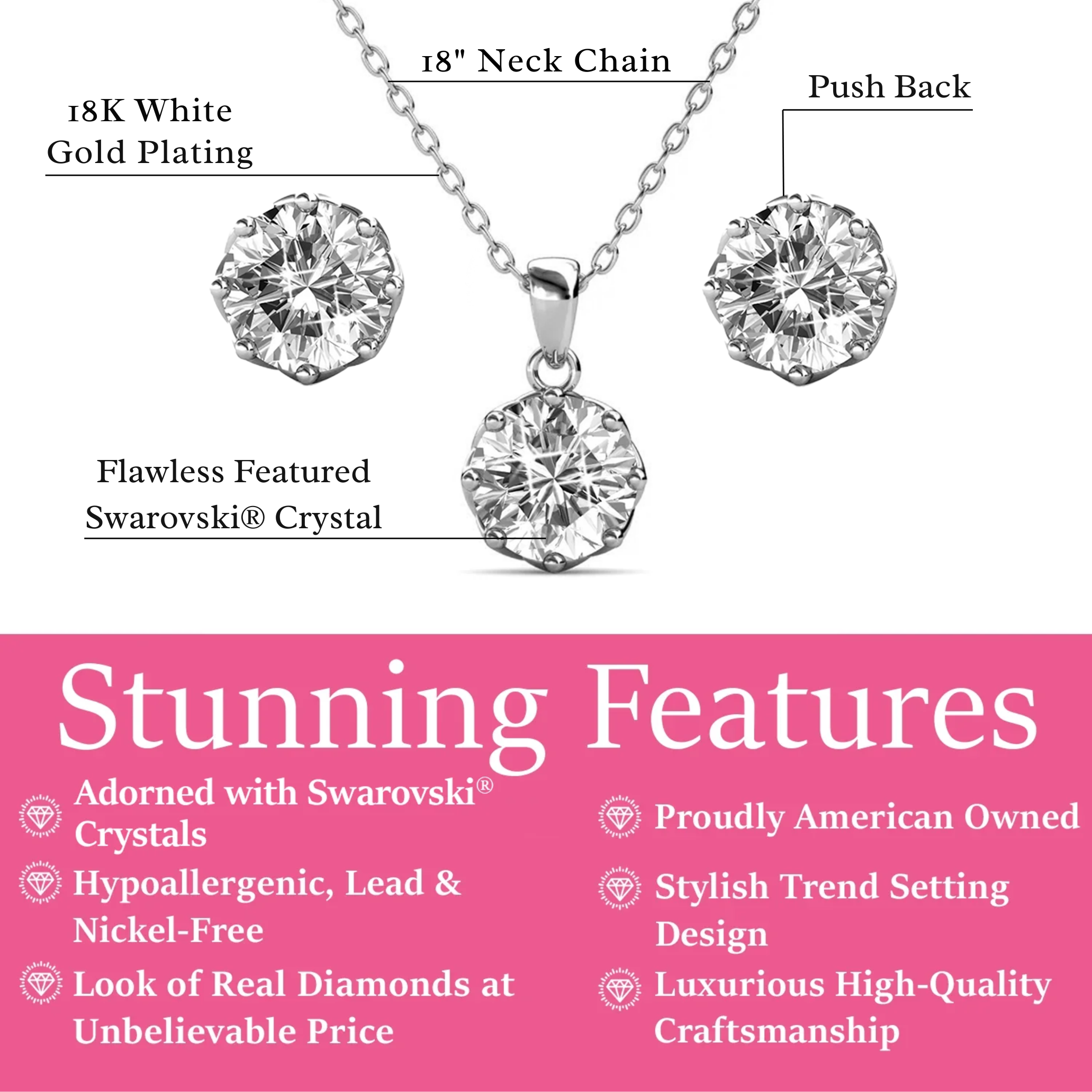 Eden 18k White Gold Plated Silver Necklace and Stud Earring Set with Swarovski Crystals
