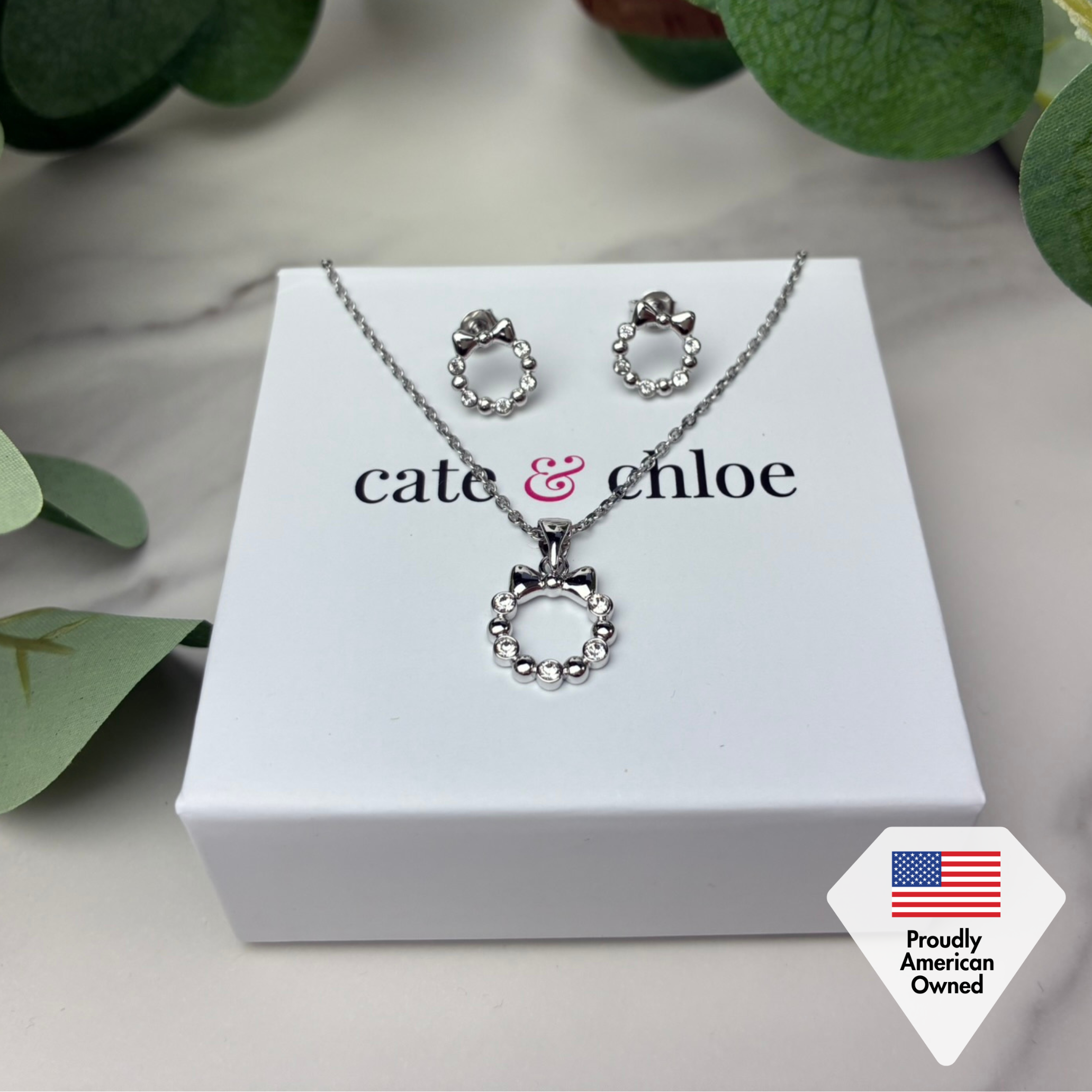 Edith 18k White Gold Plated Silver Ribbon Necklace with Swarovski Crystals