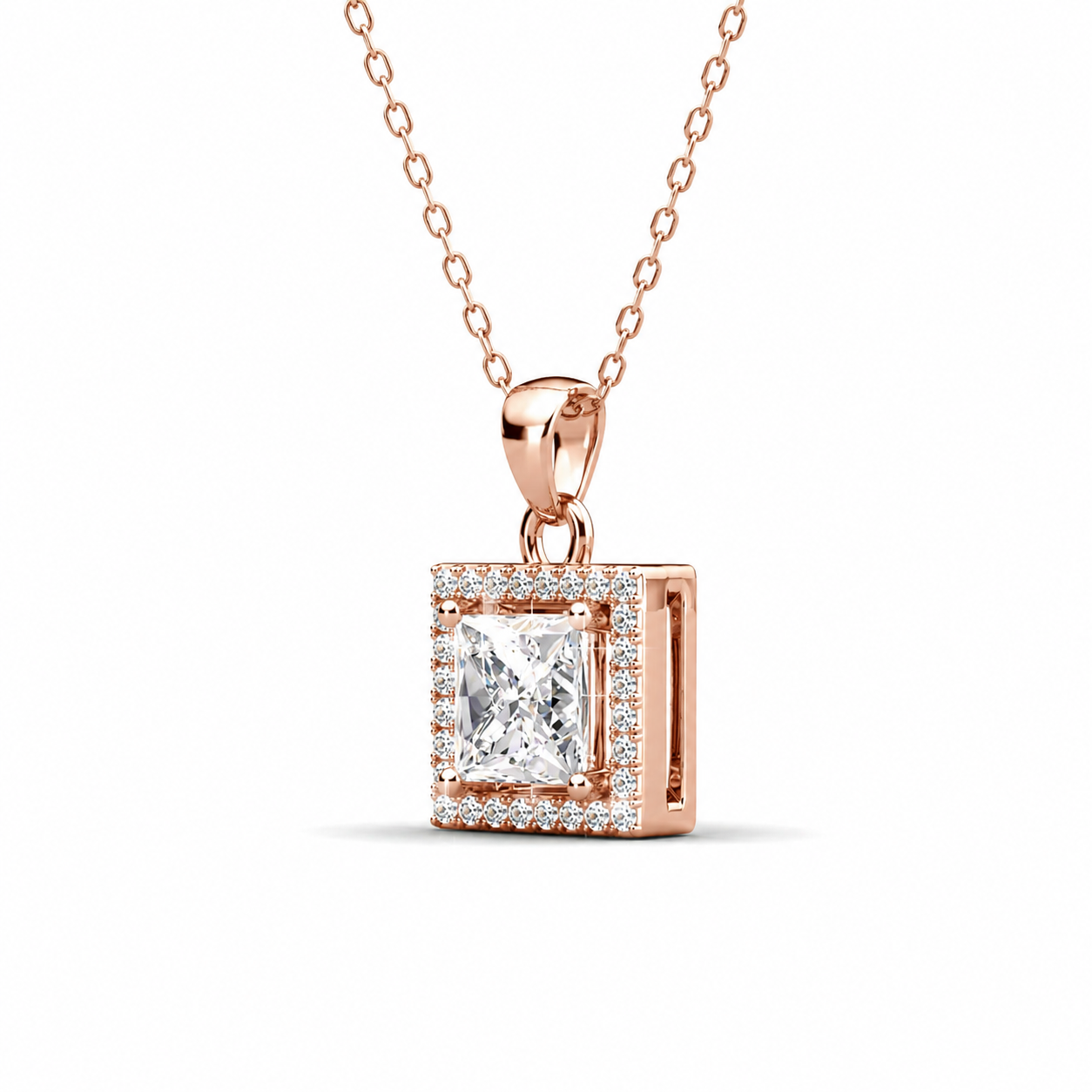 Ekatrina 18k White Gold Plated Halo Pendant Necklace with Sparkling Square Cut Swarovski Crystal