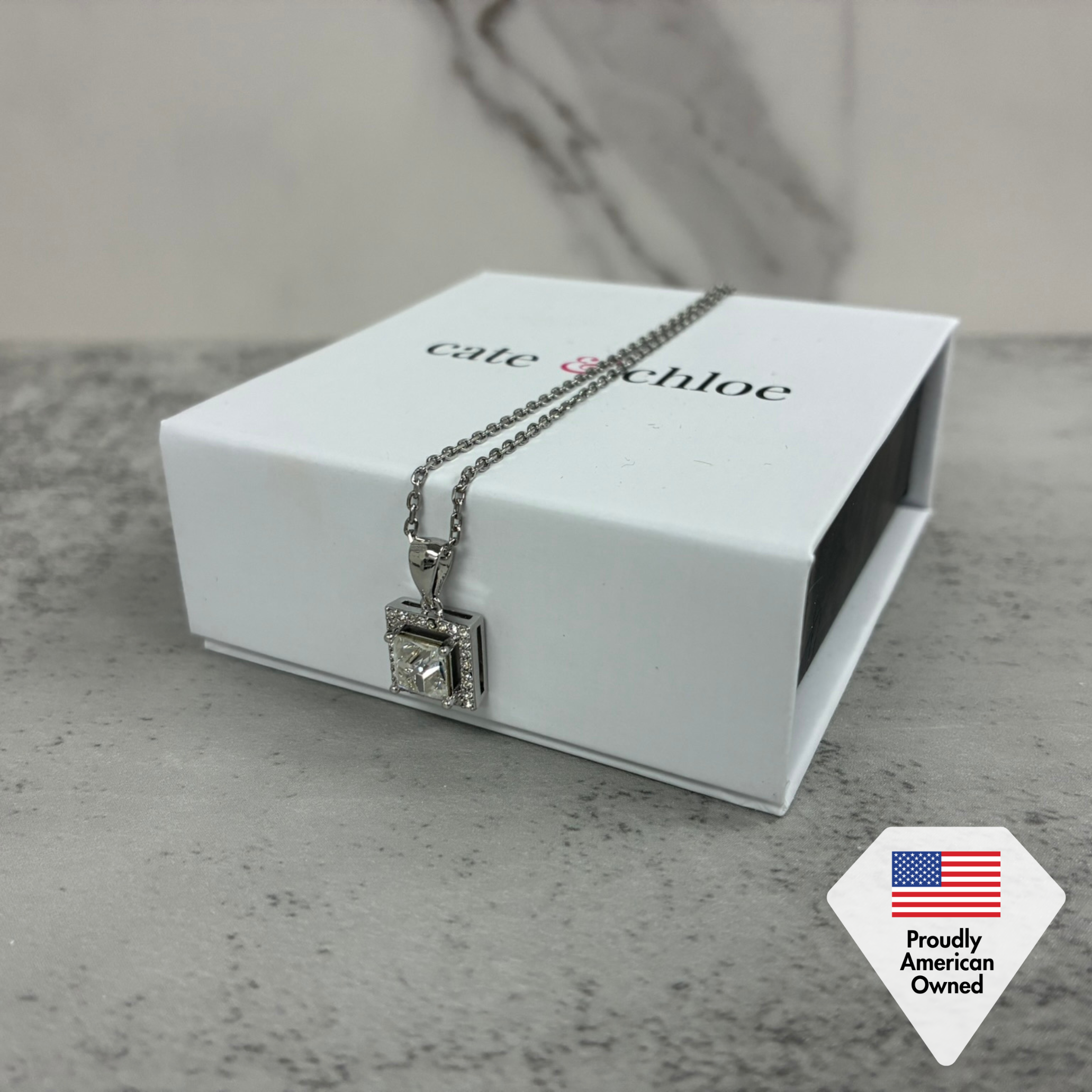 Ekatrina 18k White Gold Plated Halo Pendant Necklace with Sparkling Square Cut Swarovski Crystal - FAB FAV