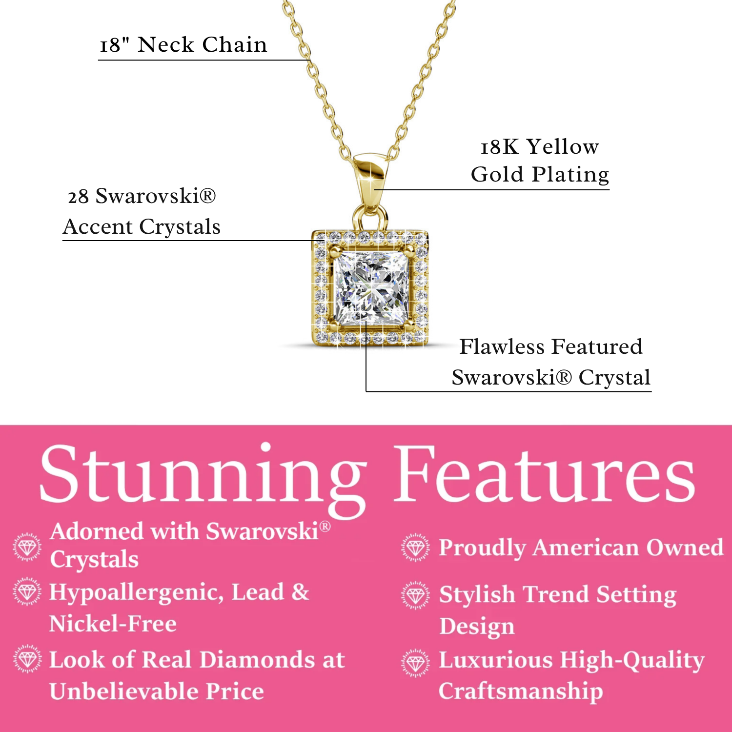 Ekatrina 18k White Gold Plated Halo Pendant Necklace with Sparkling Square Cut Swarovski Crystal