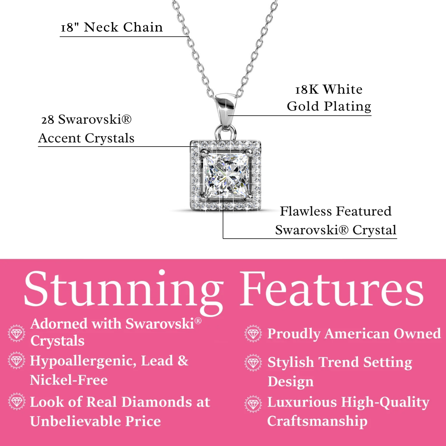 Ekatrina 18k White Gold Plated Halo Pendant Necklace with Sparkling Square Cut Swarovski Crystal