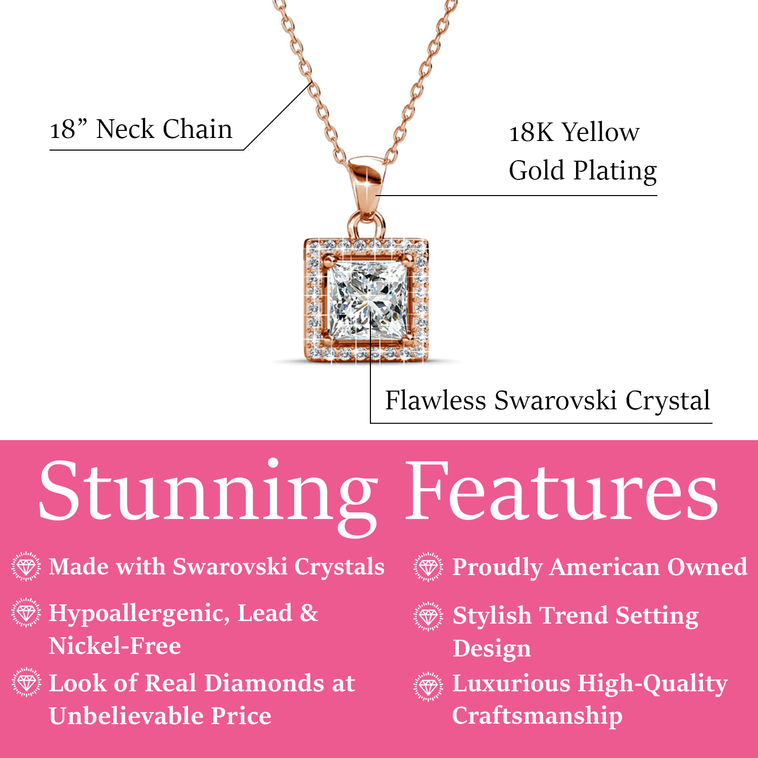 Ekatrina 18k White Gold Plated Halo Pendant Necklace with Sparkling Square Cut Swarovski Crystal