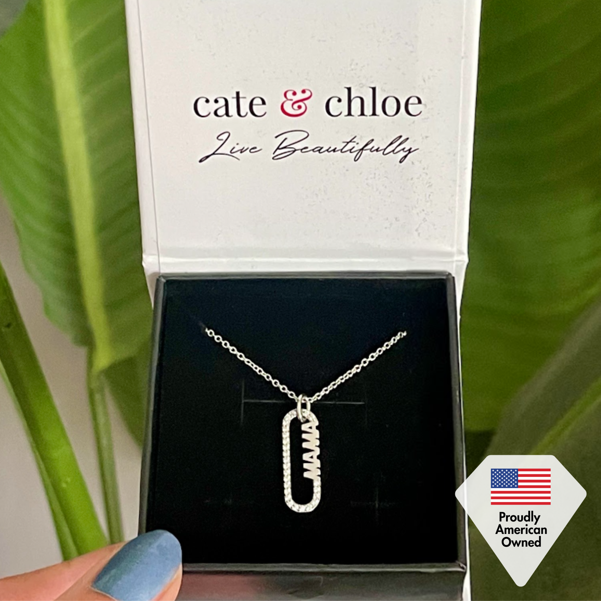 Elaine 18k White Gold Plated Mama Necklace with Swarovski Crystals & Heartfelt Message for Mom