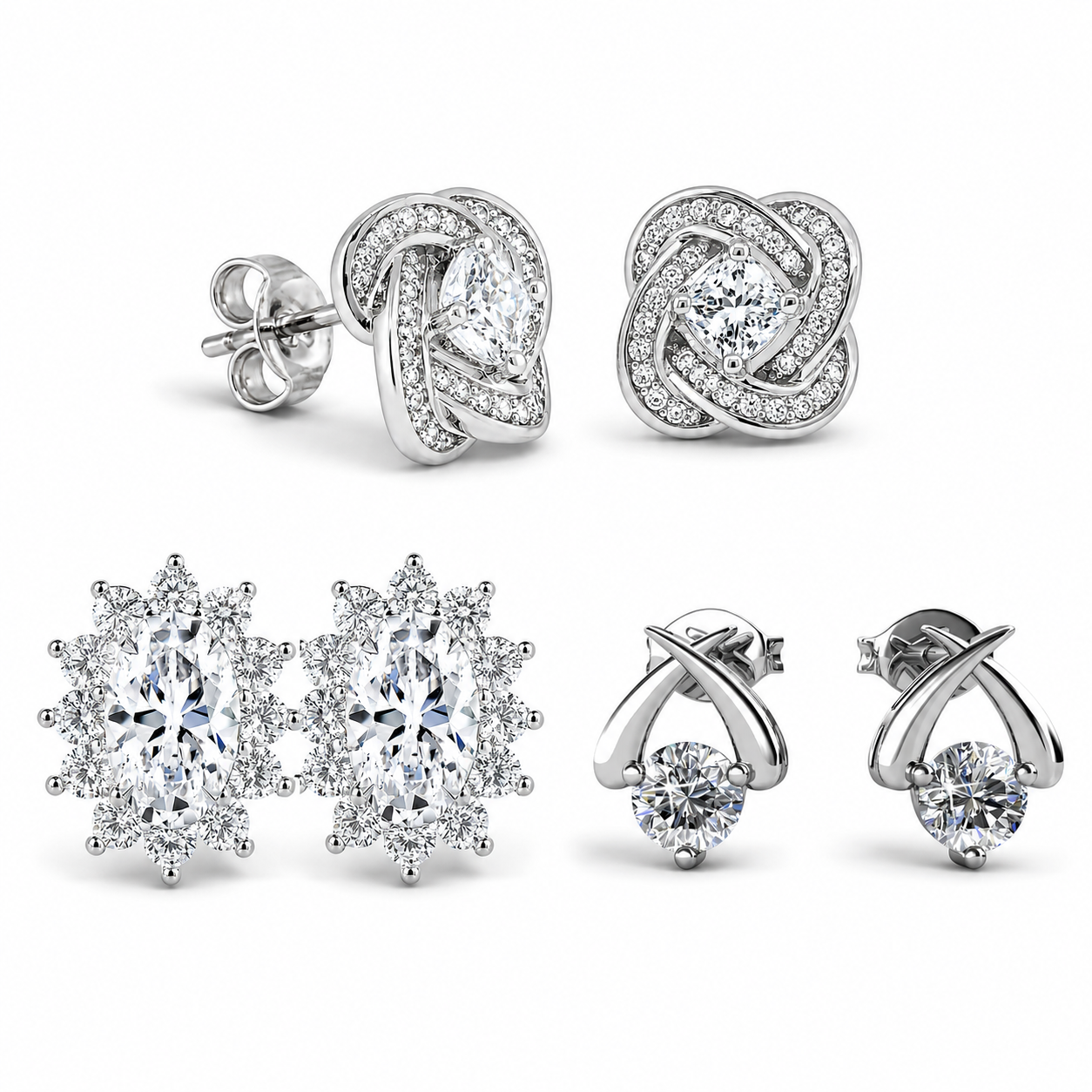 Eloise, Stella, Sage 18k White Gold Plated Stud Earrings for Women (3 Pair Set)