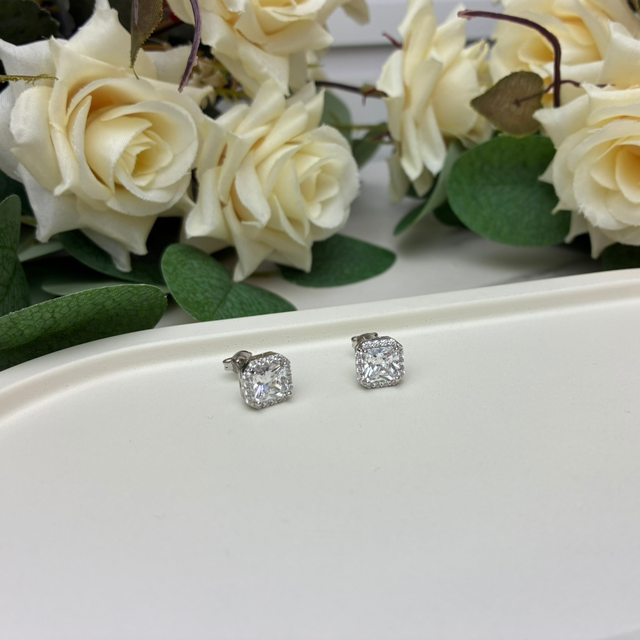 Estelle 18k White Gold Plated Halo Stud Earrings with Simulated Diamond Crystals   — Fab Fav Sale