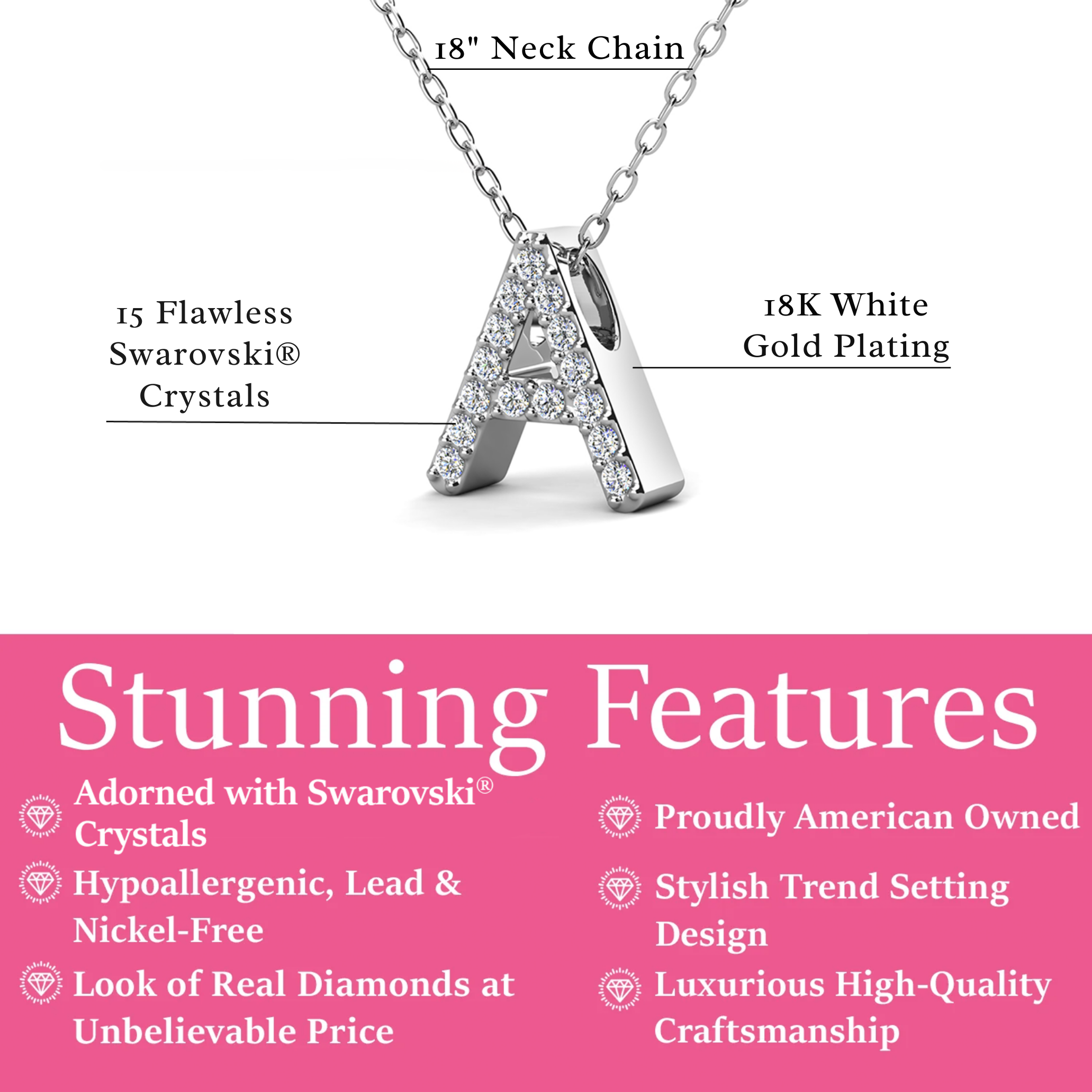 Ethereal Collection 18k White Gold Plated Initial Letter Pendant Necklace with Swarovski Crystals