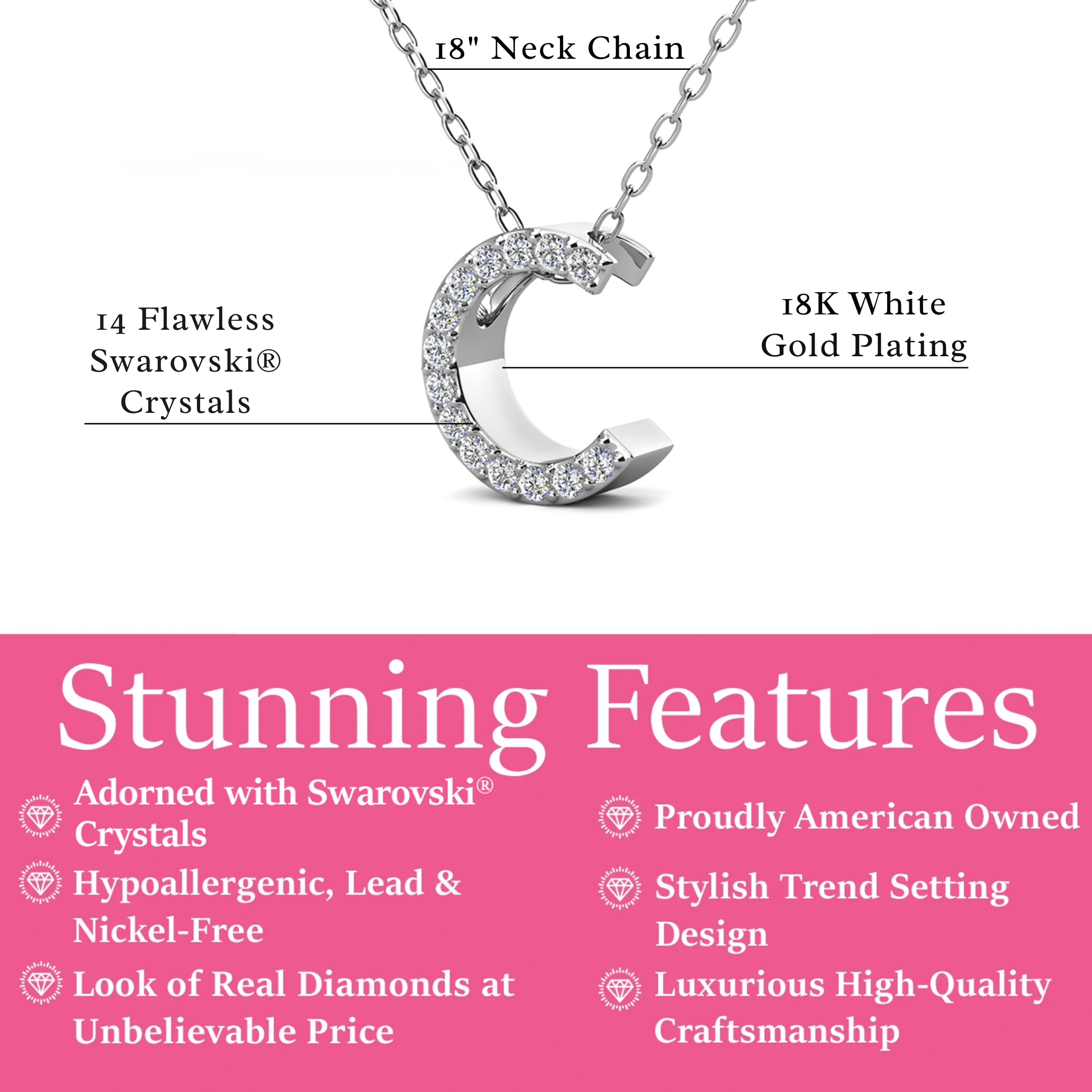 Ethereal Collection 18k White Gold Plated Initial Letter Pendant Necklace with Swarovski Crystals