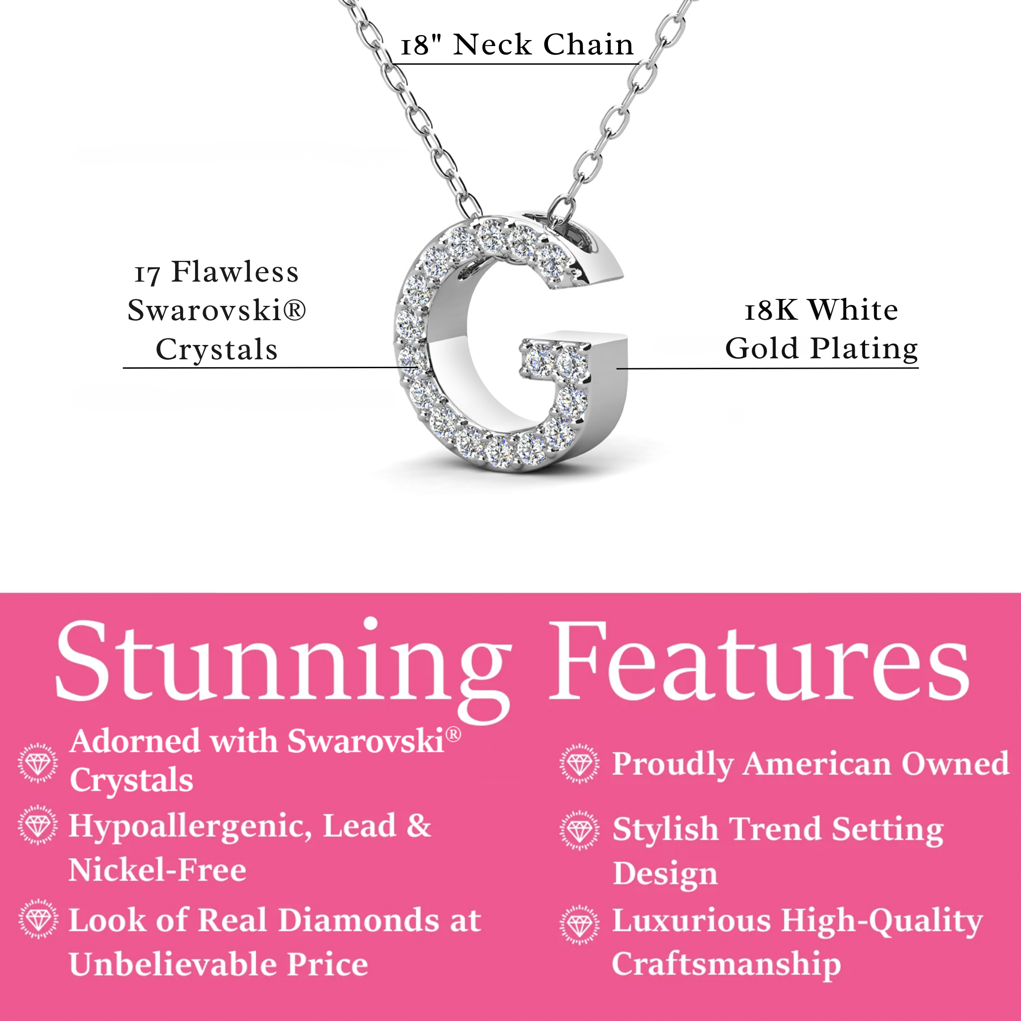 Ethereal Collection 18k White Gold Plated Initial Letter Pendant Necklace with Swarovski Crystals