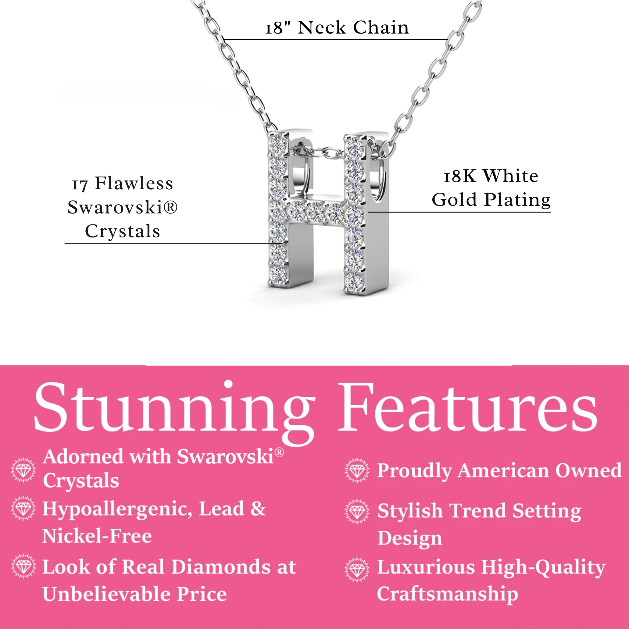 Ethereal Collection 18k White Gold Plated Initial Letter Pendant Necklace with Swarovski Crystals