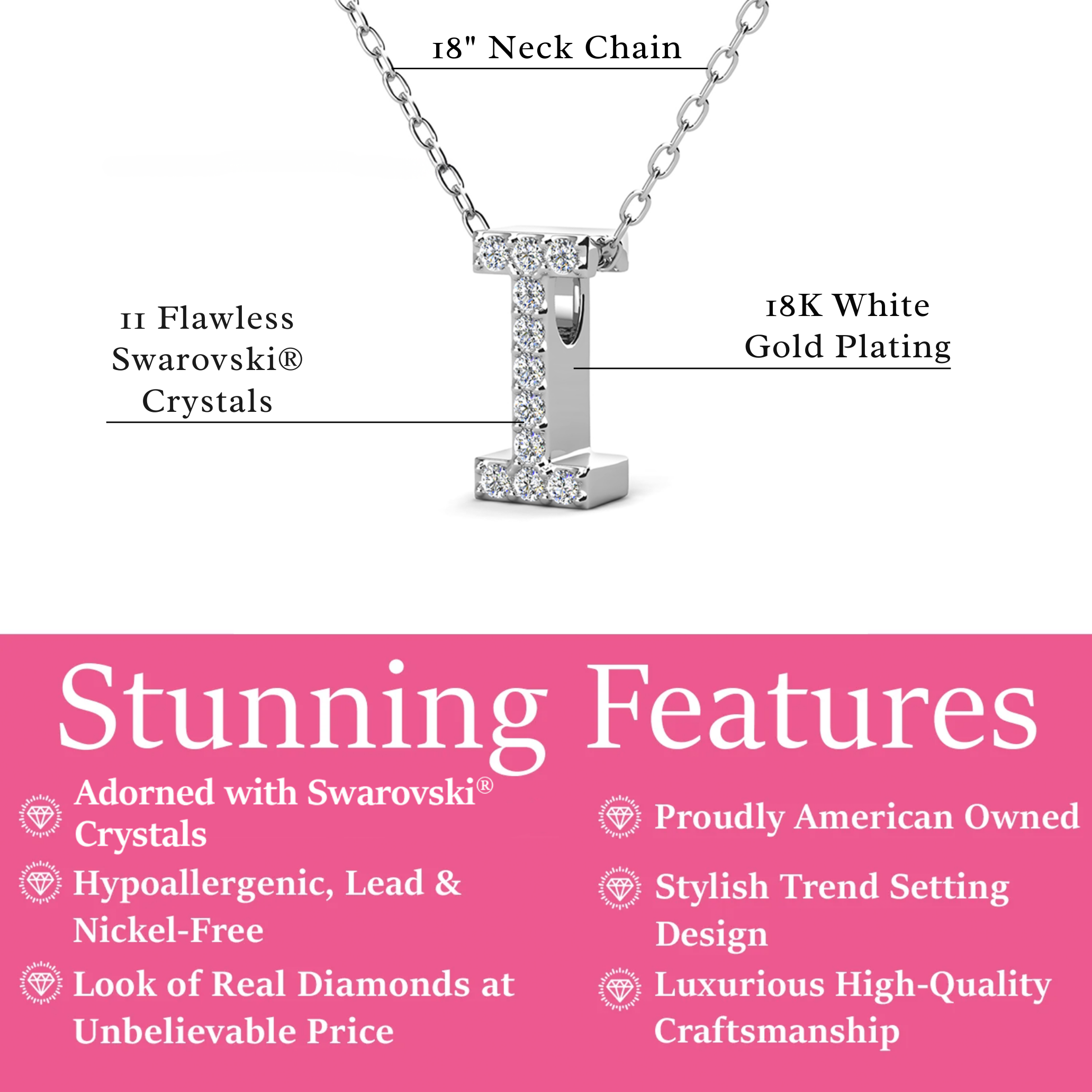 Ethereal Collection 18k White Gold Plated Initial Letter Pendant Necklace with Swarovski Crystals