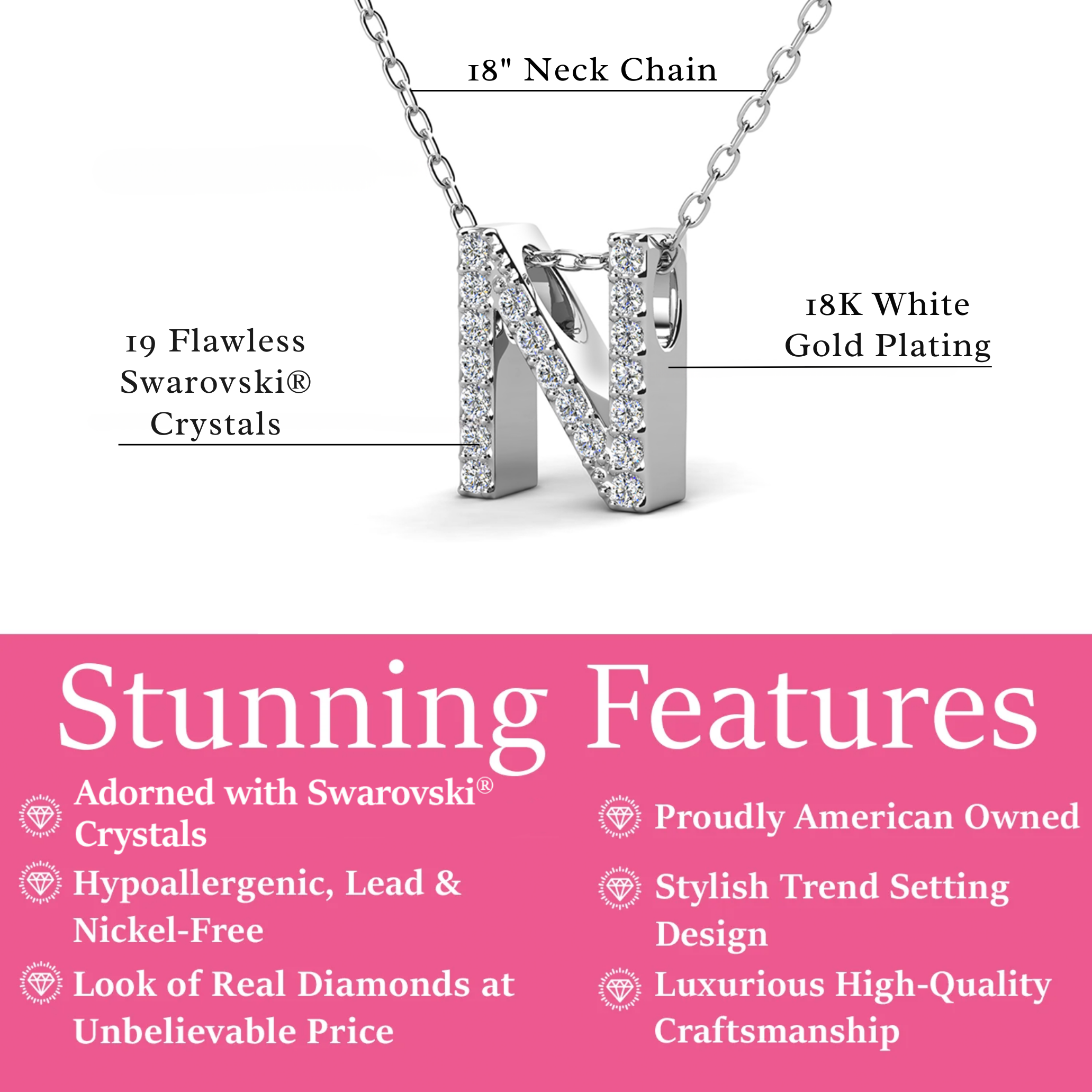 Ethereal Collection 18k White Gold Plated Initial Letter Pendant Necklace with Swarovski Crystals
