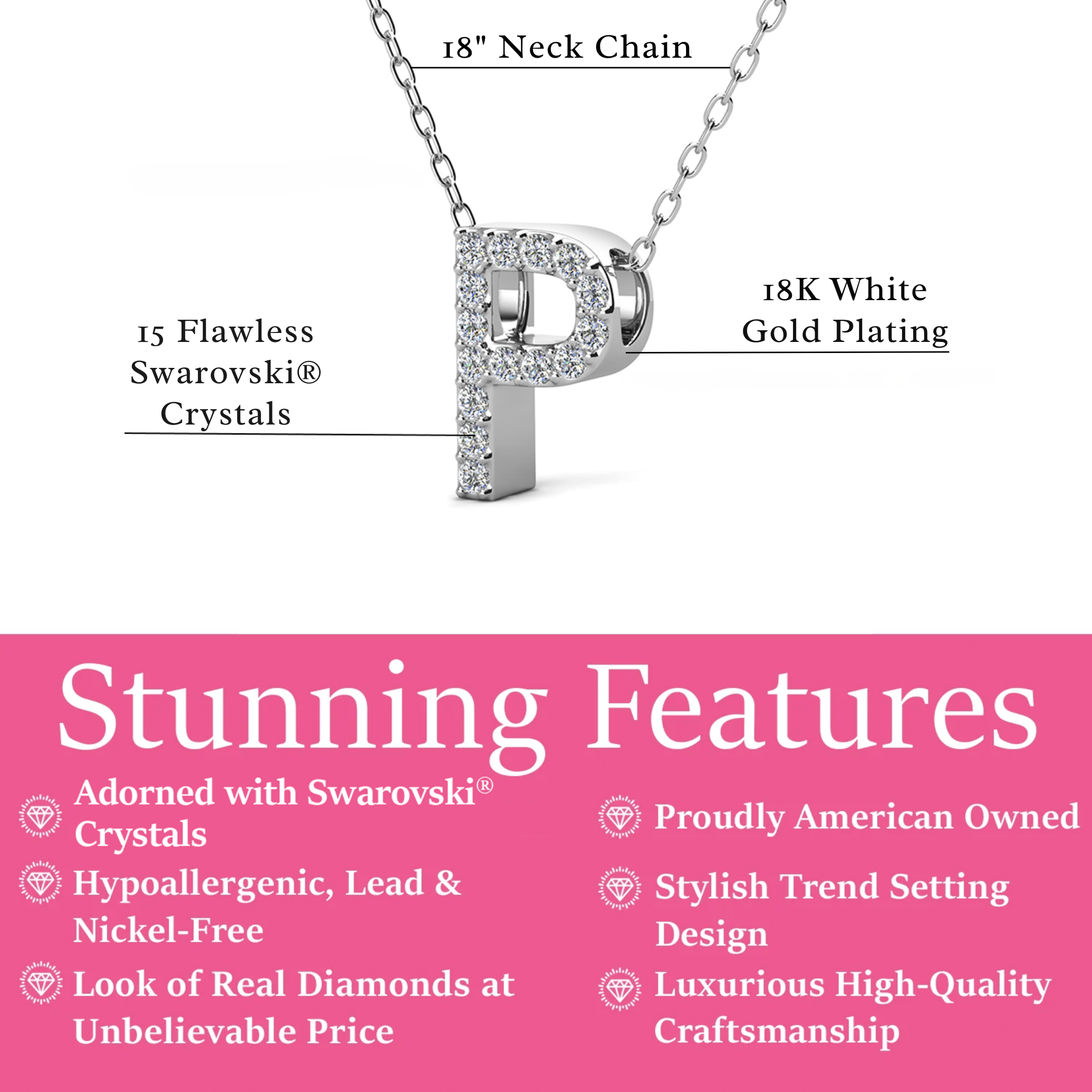 Ethereal Collection 18k White Gold Plated Initial Letter Pendant Necklace with Swarovski Crystals