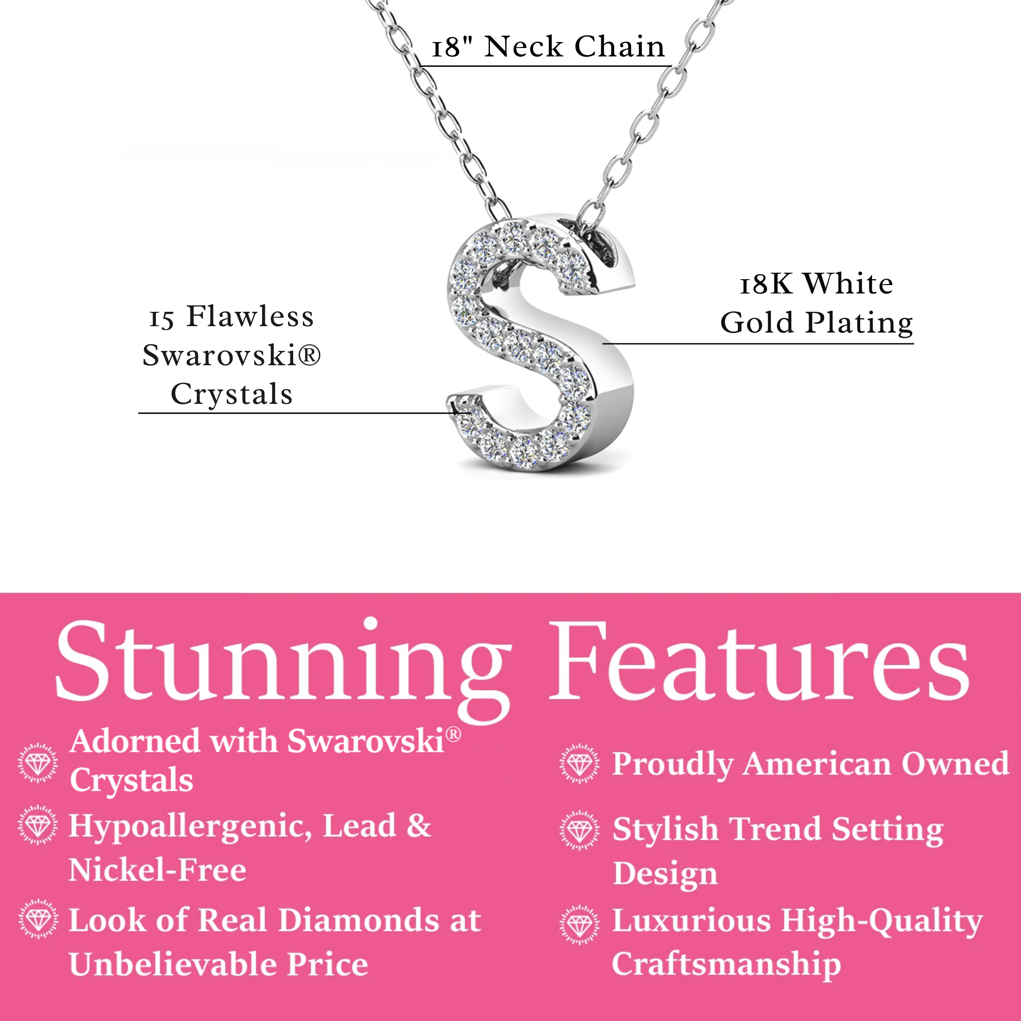 Ethereal Collection 18k White Gold Plated Initial Letter Pendant Necklace with Swarovski Crystals