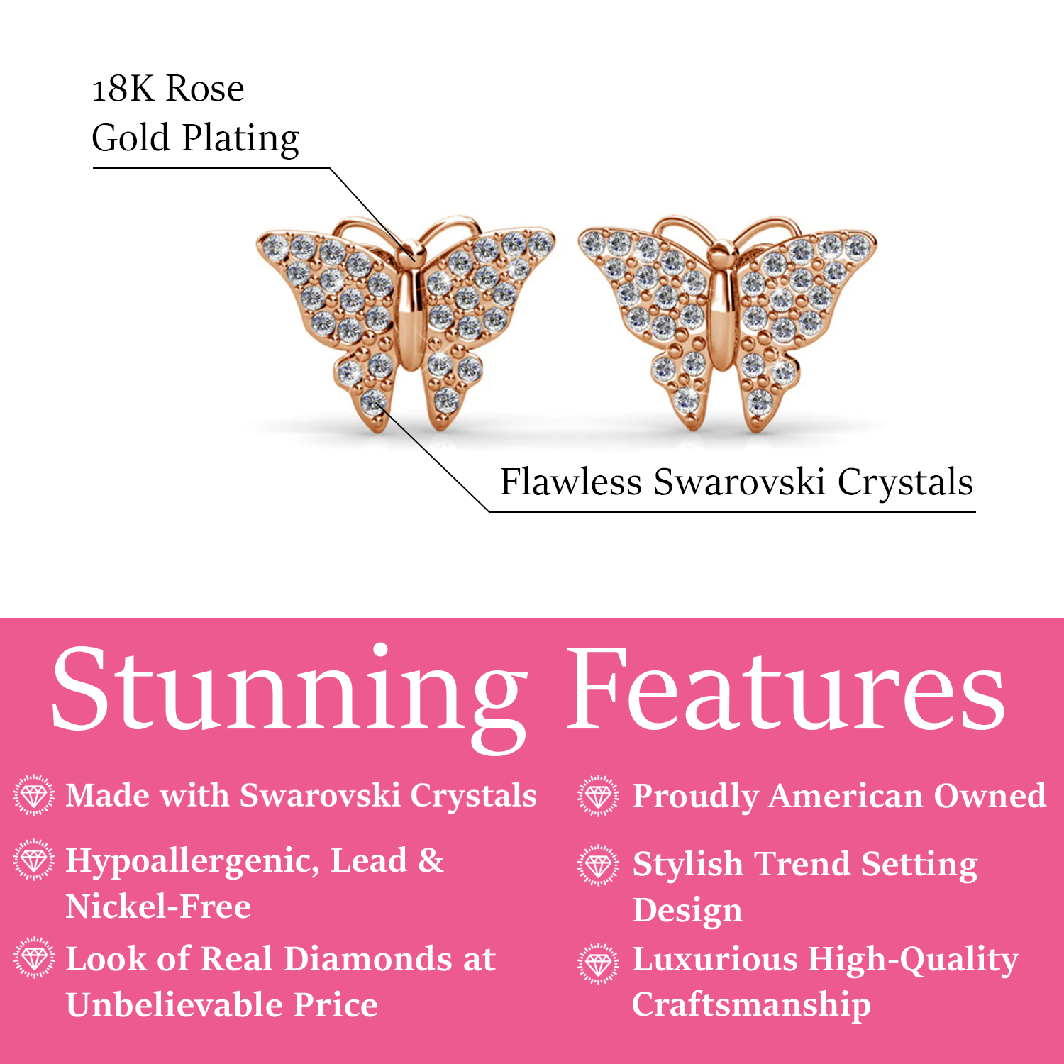 Everlee 18k White Gold Plated Crystal Butterfly Stud Earrings with Swarovski Crystals