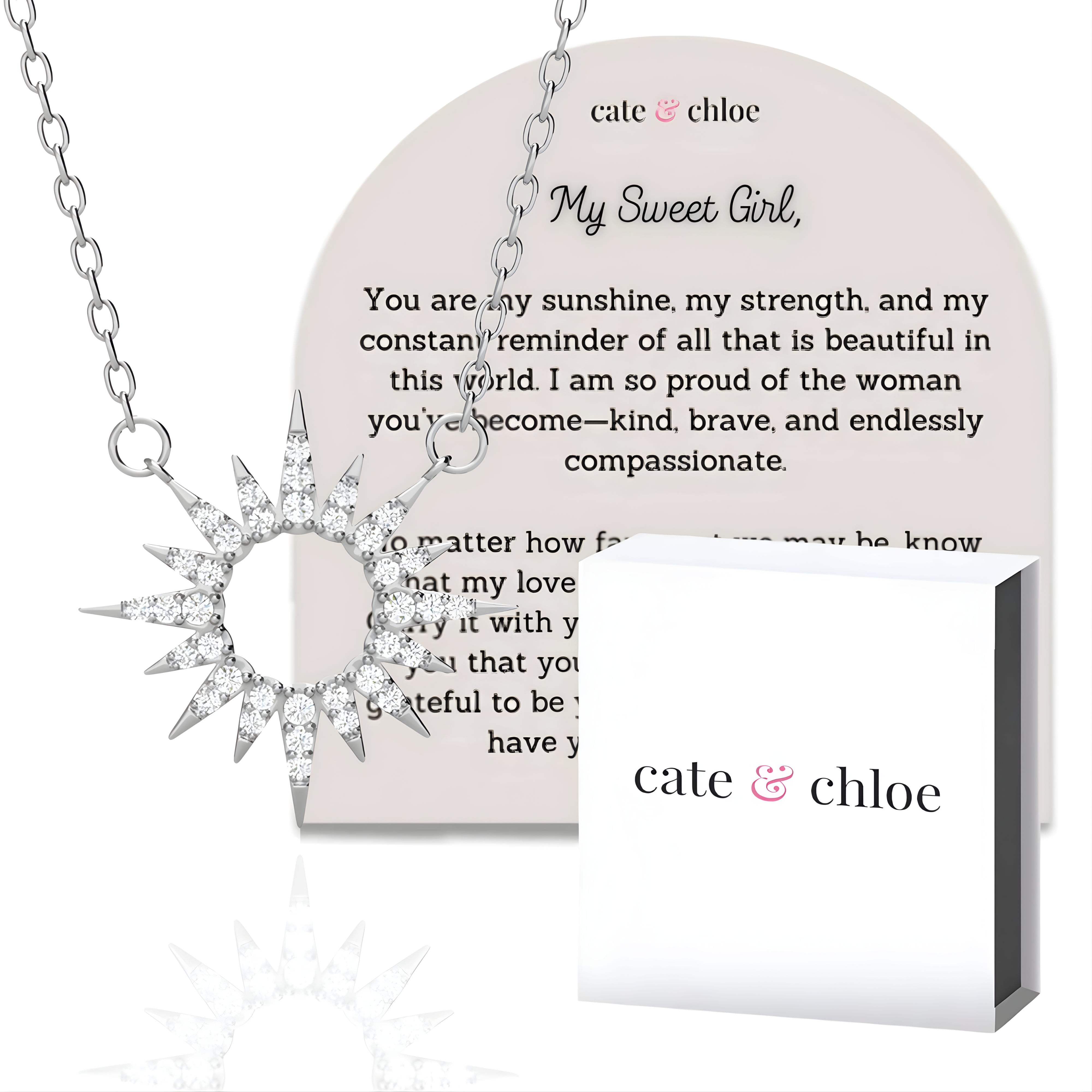 Evie 18k White Gold Plated Sun Necklace with Swarovski Crystals & Heartfelt Message for Daughter