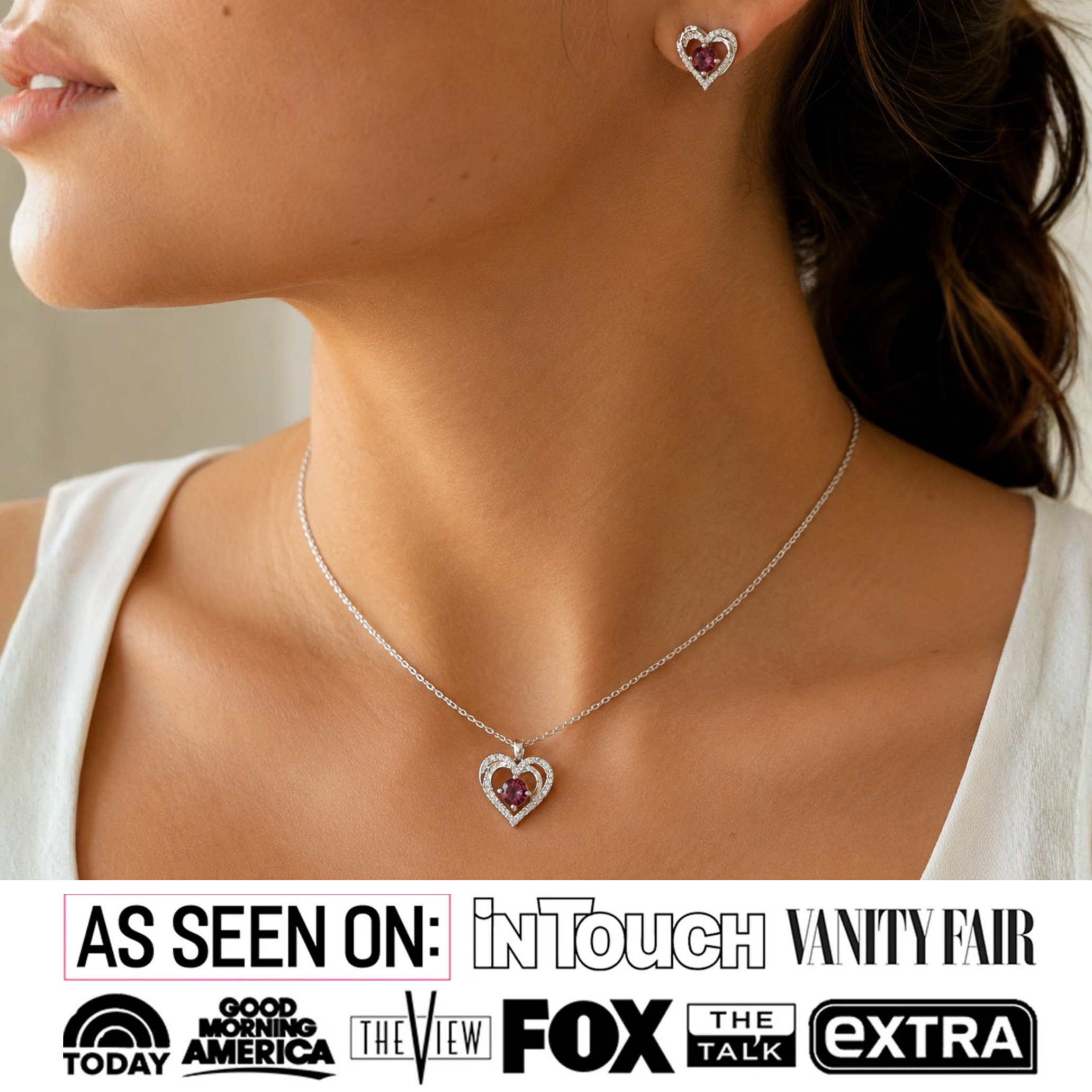 Forever Birthstone 18k White Gold Plated Silver Double Heart Earrings and Necklace Set with Swarovski Crystals