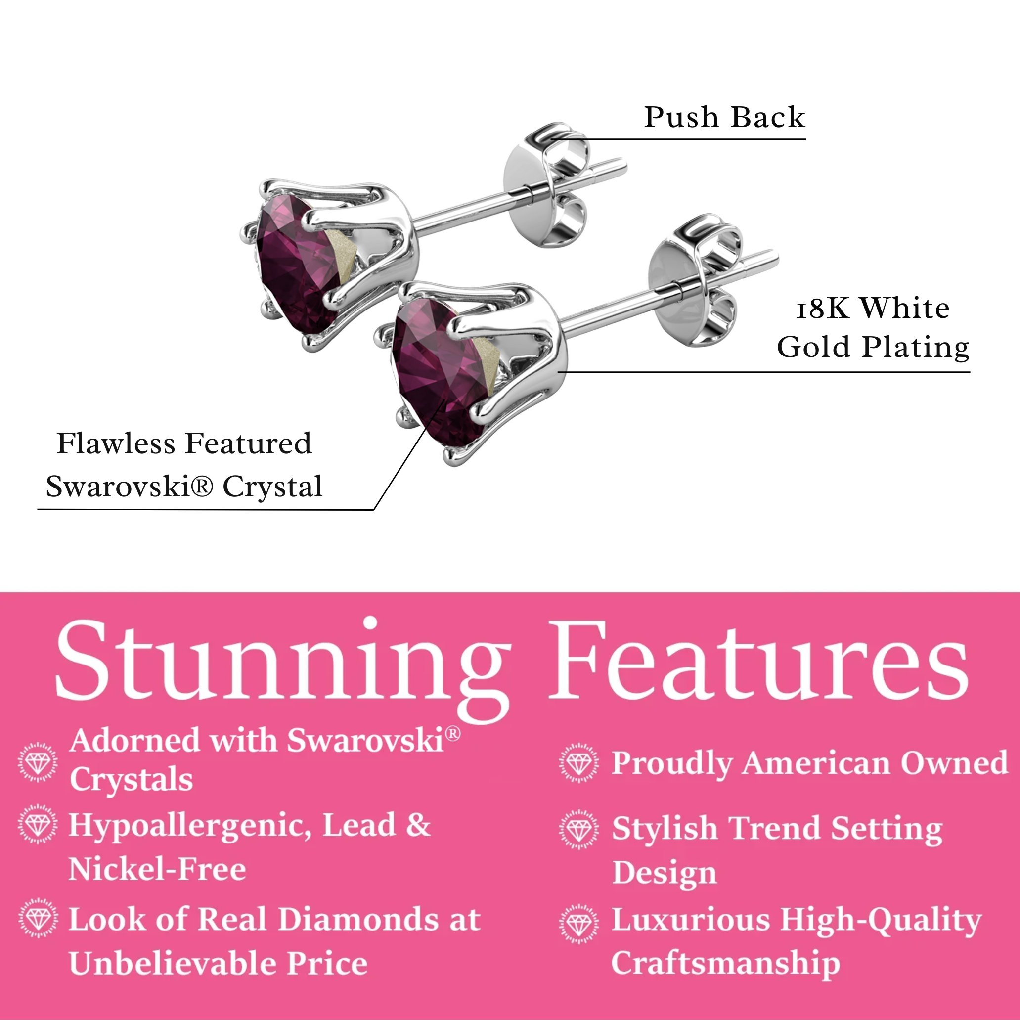Birthstone Earrings 18k White Gold Plated Stud Earrings with 1ct Solitaire Swarovski Crystals