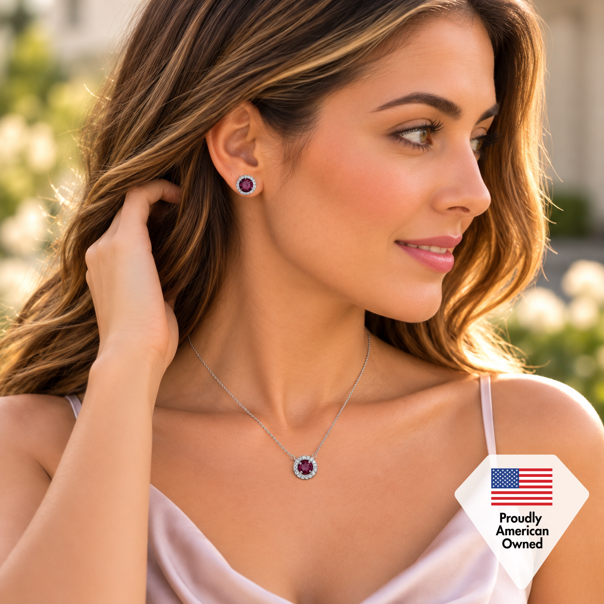 Royal Birthstone 18k White Gold Plated Halo Necklace with Round Cut Swarovski Crystals