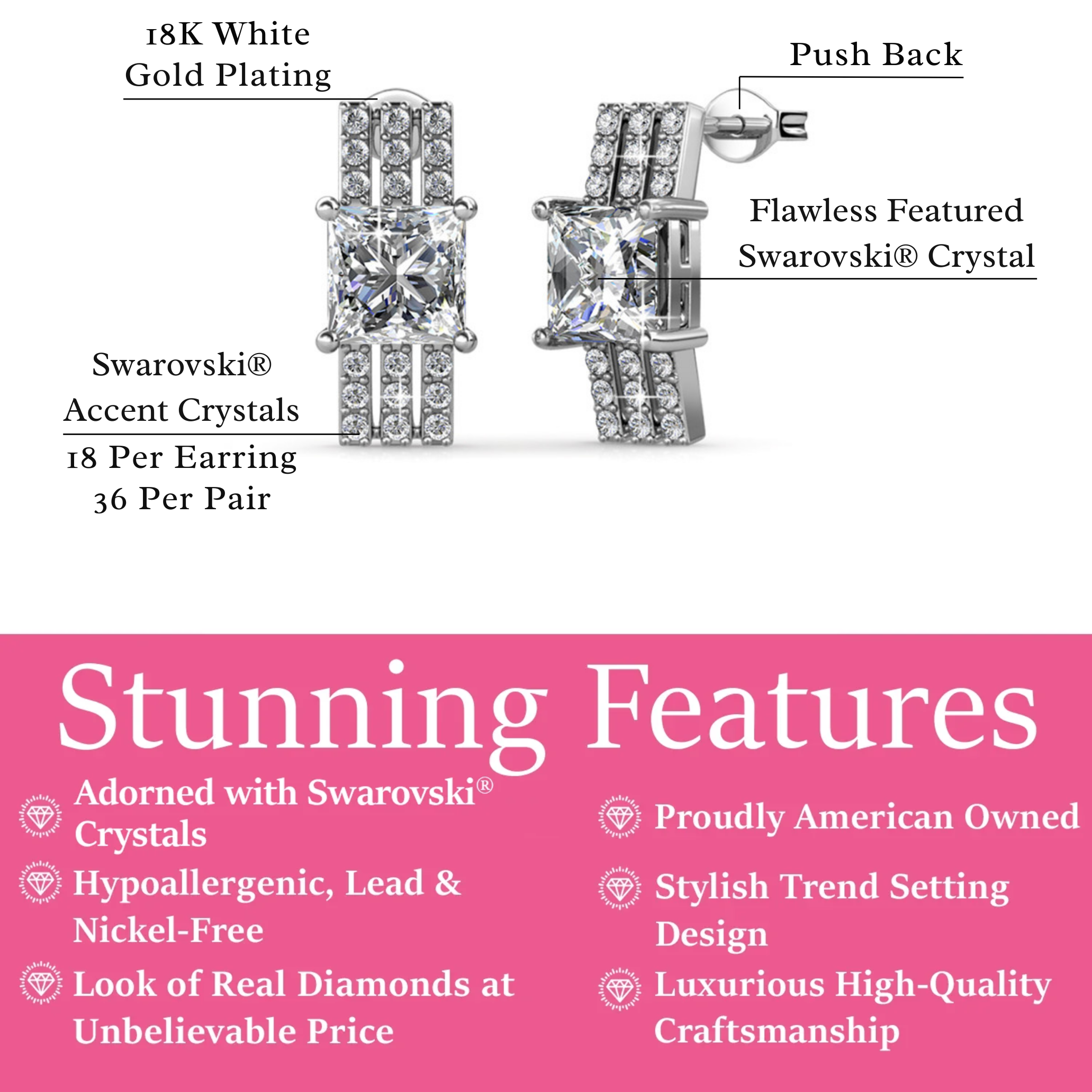 Fiona 18k White Gold Stud Plated Earrings with Princess Cut Swarovski Crystals