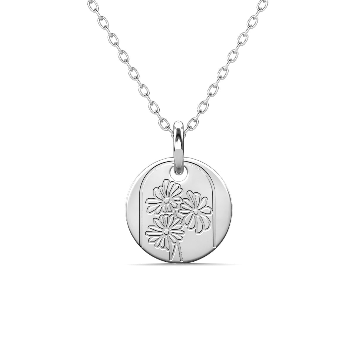 Floral 18k White Gold Plated Engraved Birth Month Flower Pendant Necklace