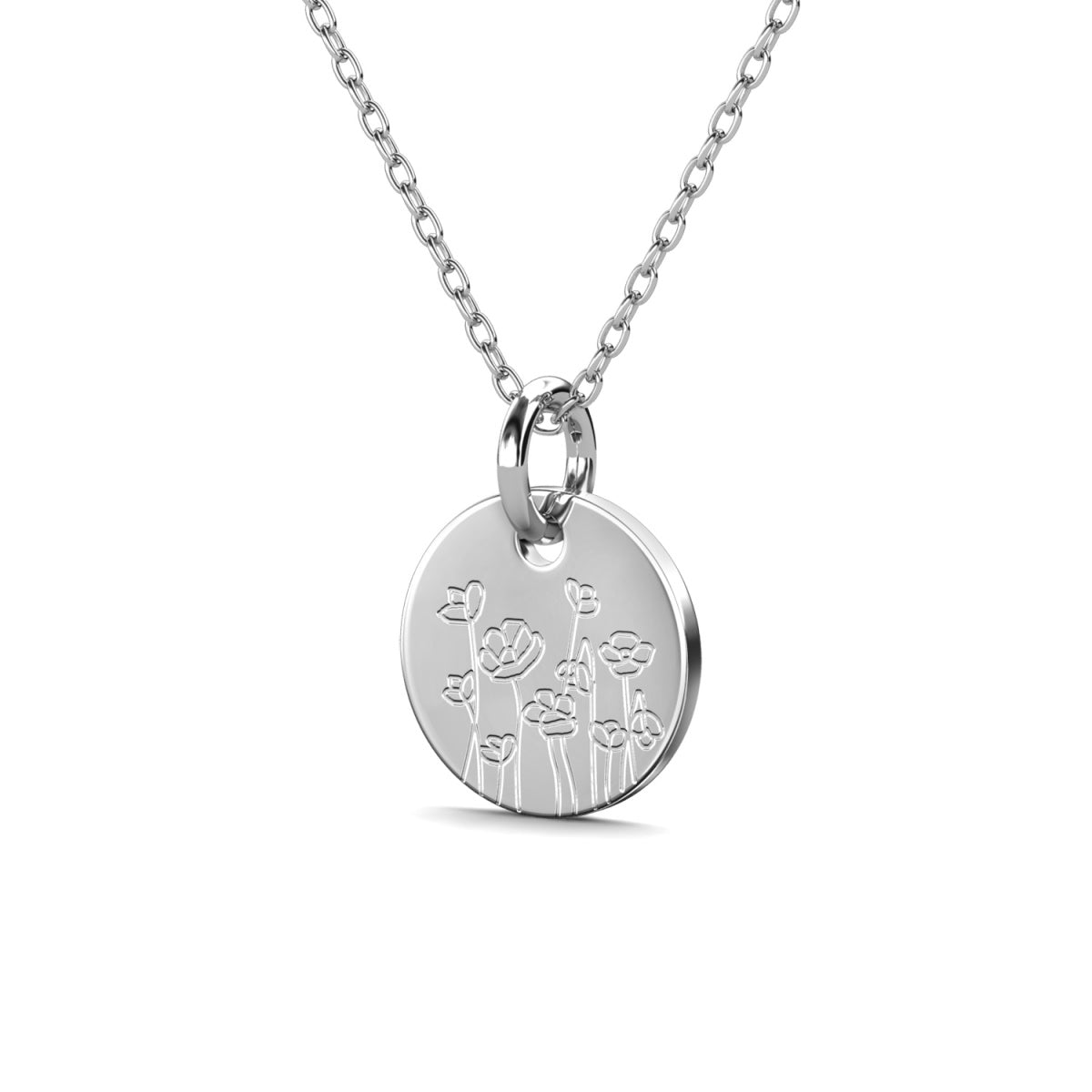 Floral 18k White Gold Plated Engraved Birth Month Flower Pendant Necklace