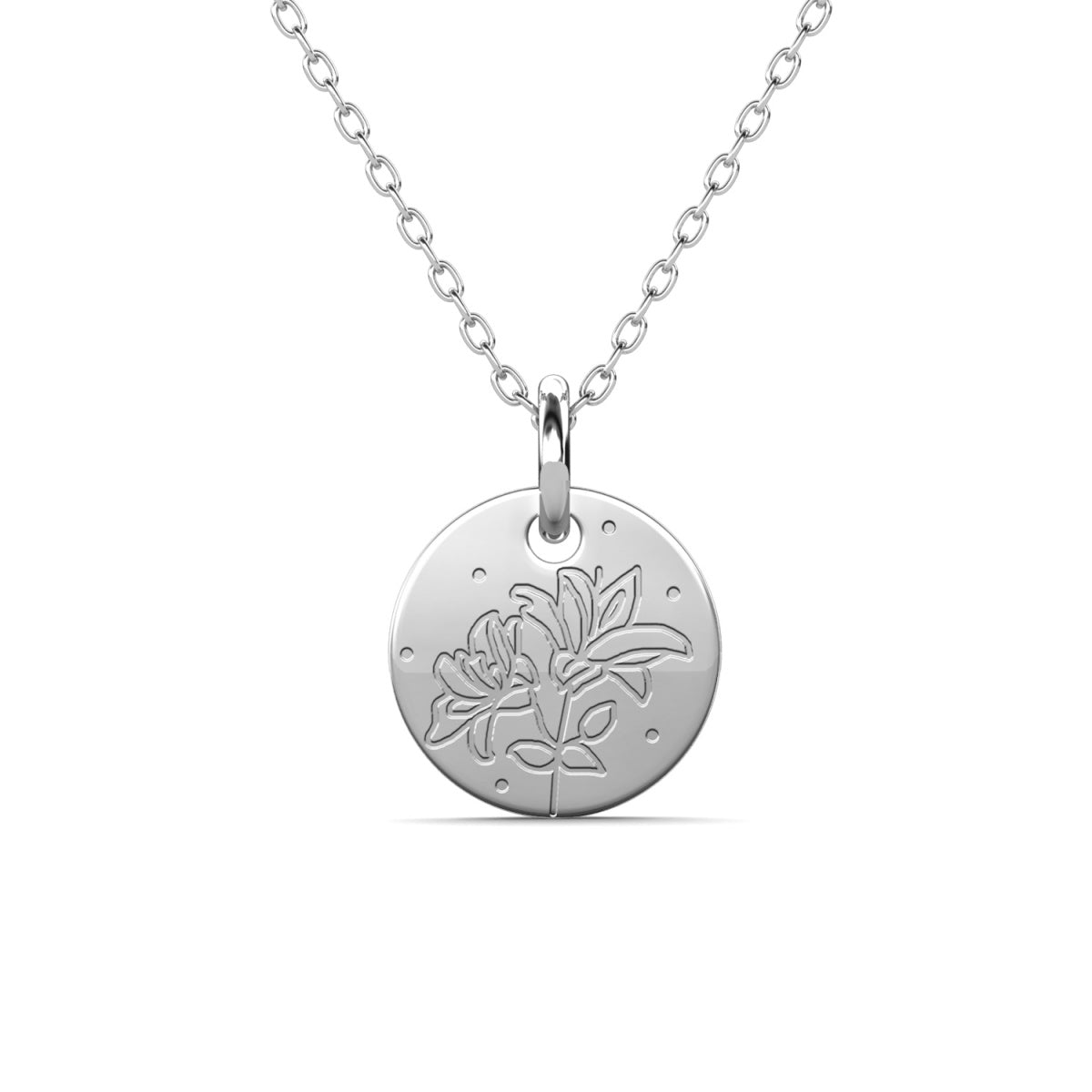 Floral 18k White Gold Plated Engraved Birth Month Flower Pendant Necklace