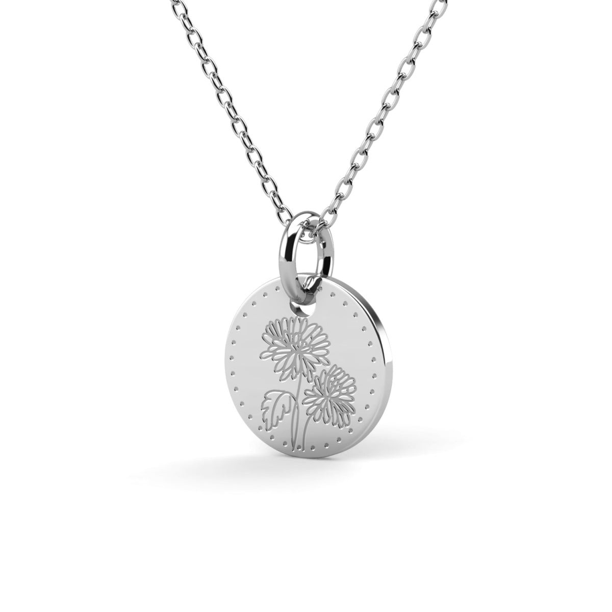Floral 18k White Gold Plated Engraved Birth Month Flower Pendant Necklace