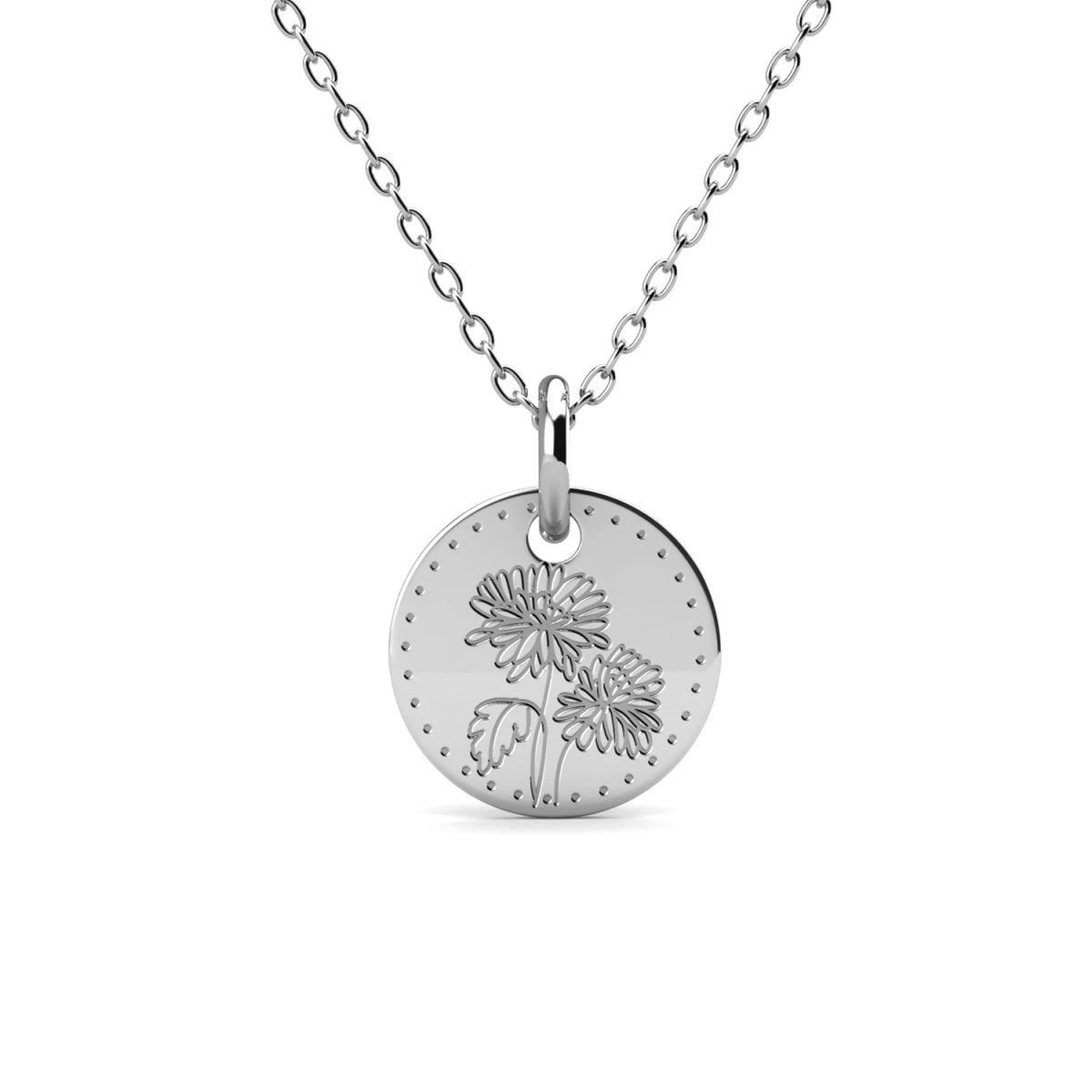 Floral 18k White Gold Plated Engraved Birth Month Flower Pendant Necklace