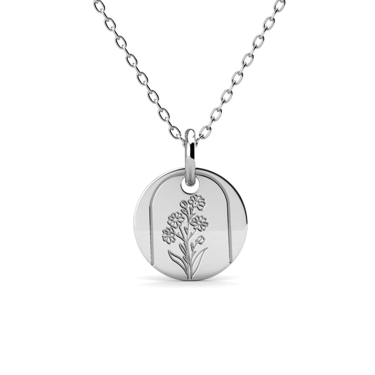 Floral 18k White Gold Plated Engraved Birth Month Flower Pendant Necklace
