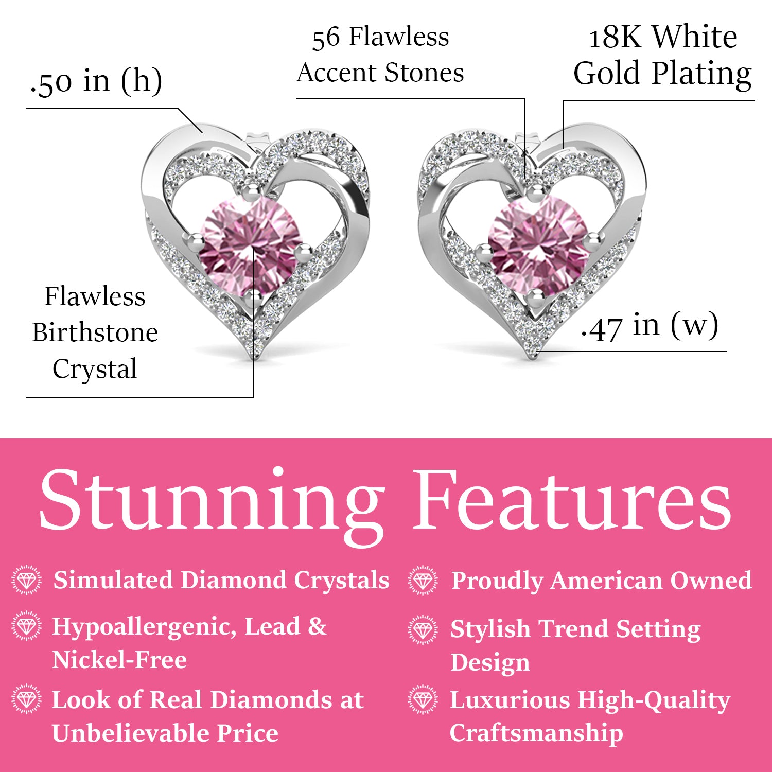 Forever October Birthstone Pink Tourmaline Earrings, 18k White Gold Plated Silver Double Heart Crystal Earrings