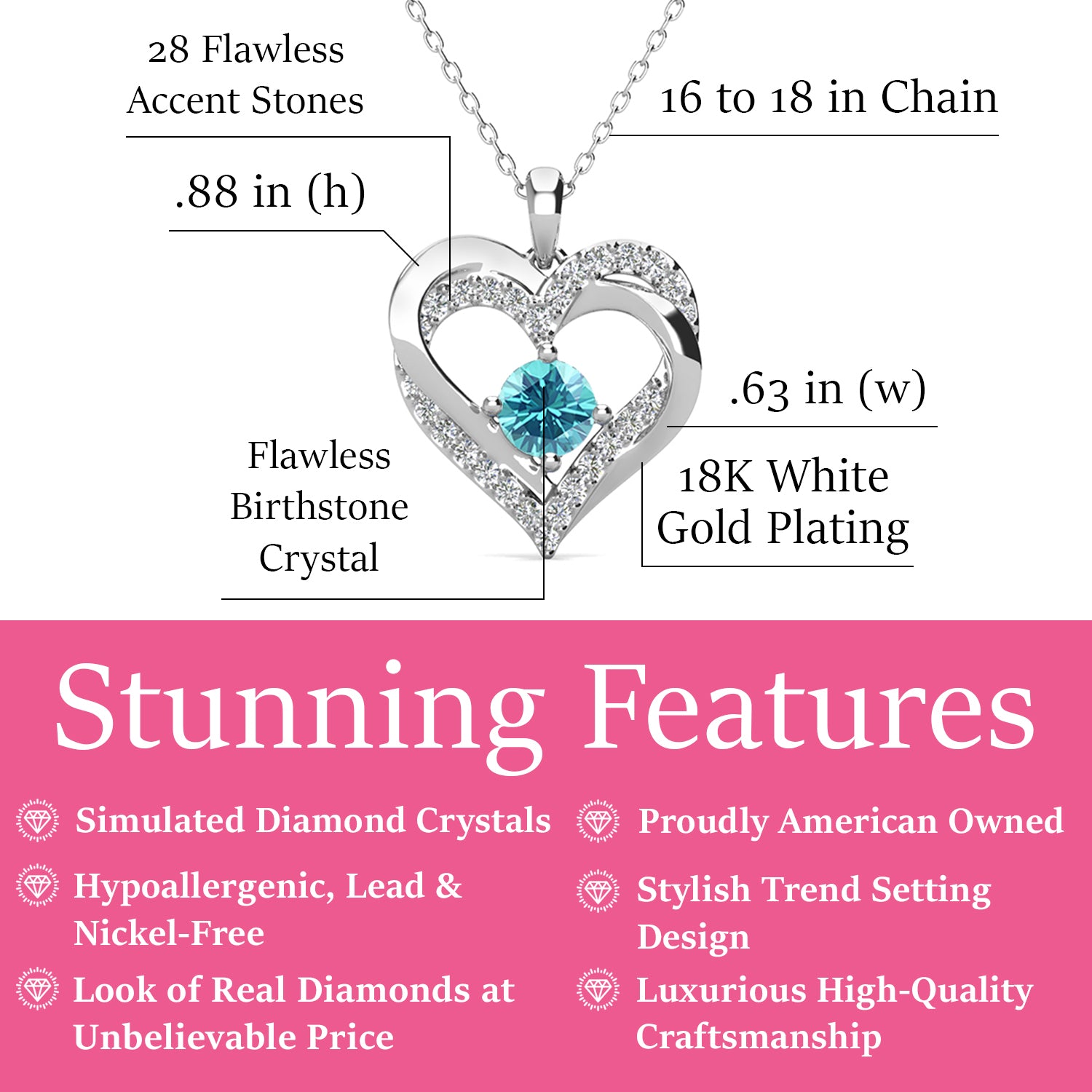 Forever March Birthstone Aquamarine Necklace, 18k White Gold Plated Silver Double Heart Crystal Necklace