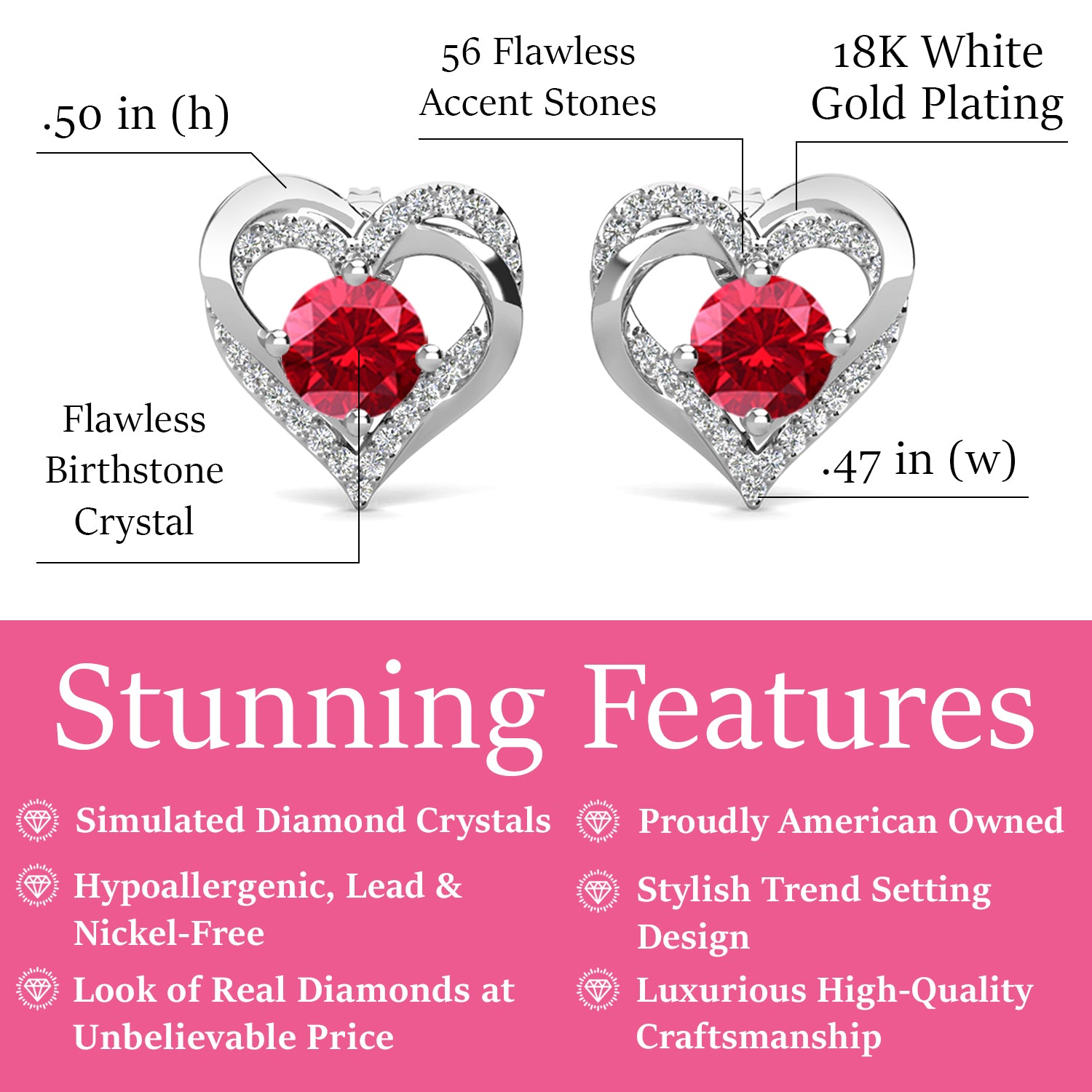 Forever July Birthstone Ruby Earrings, 18k White Gold Plated Silver Double Heart Crystal Earrings
