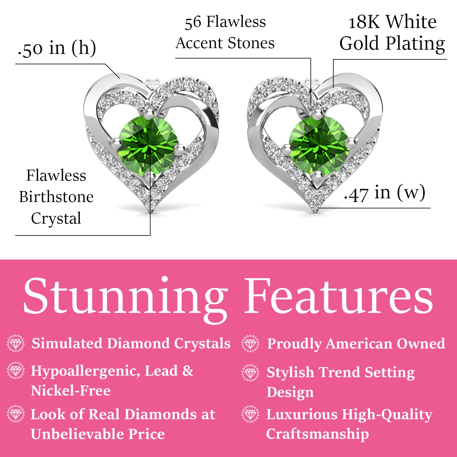 Forever 18k White Gold Plated Birthstone Double Heart Earrings with Crystals