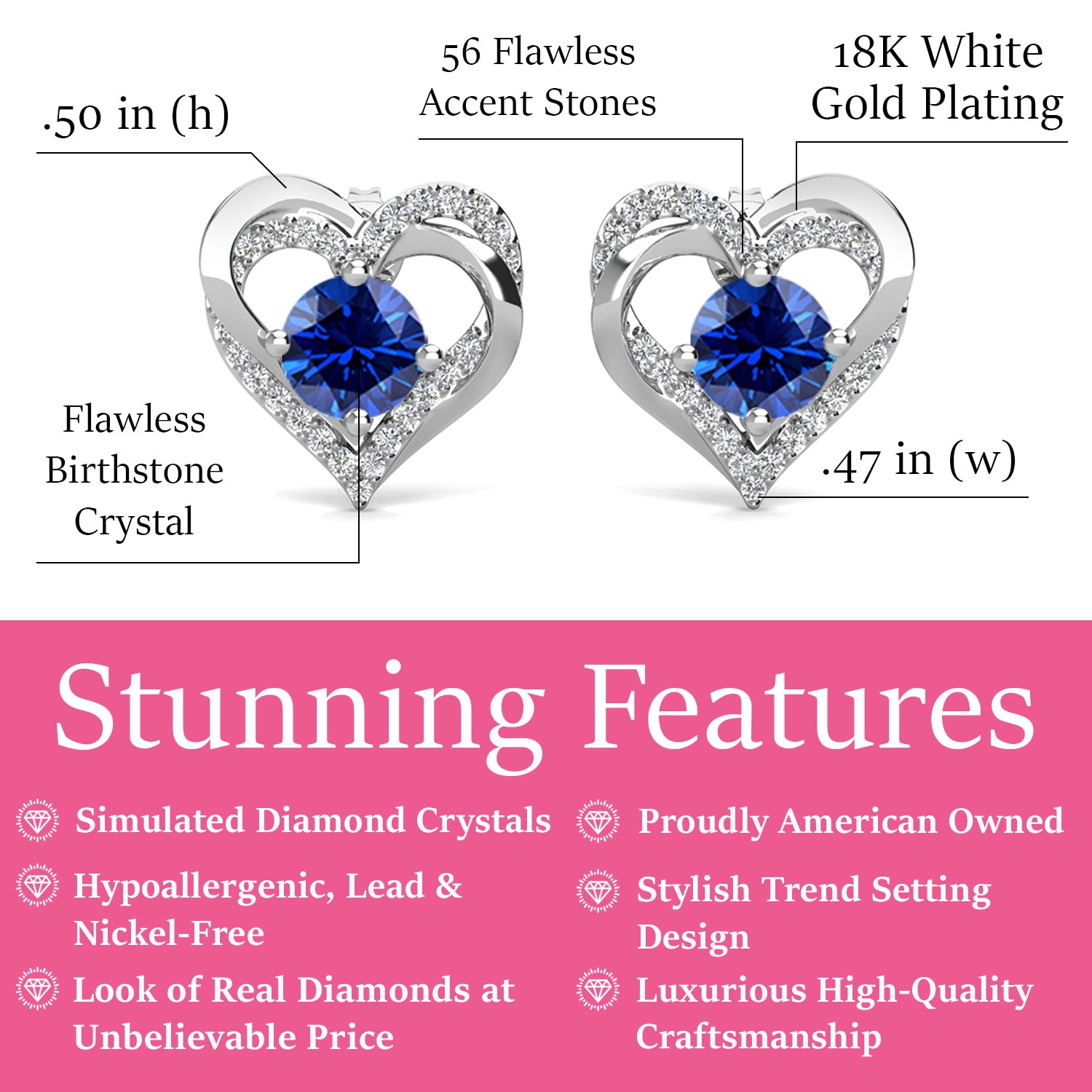 Forever September Birthstone Sapphire Earrings, 18k White Gold Plated Silver Double Heart Crystal Earrings