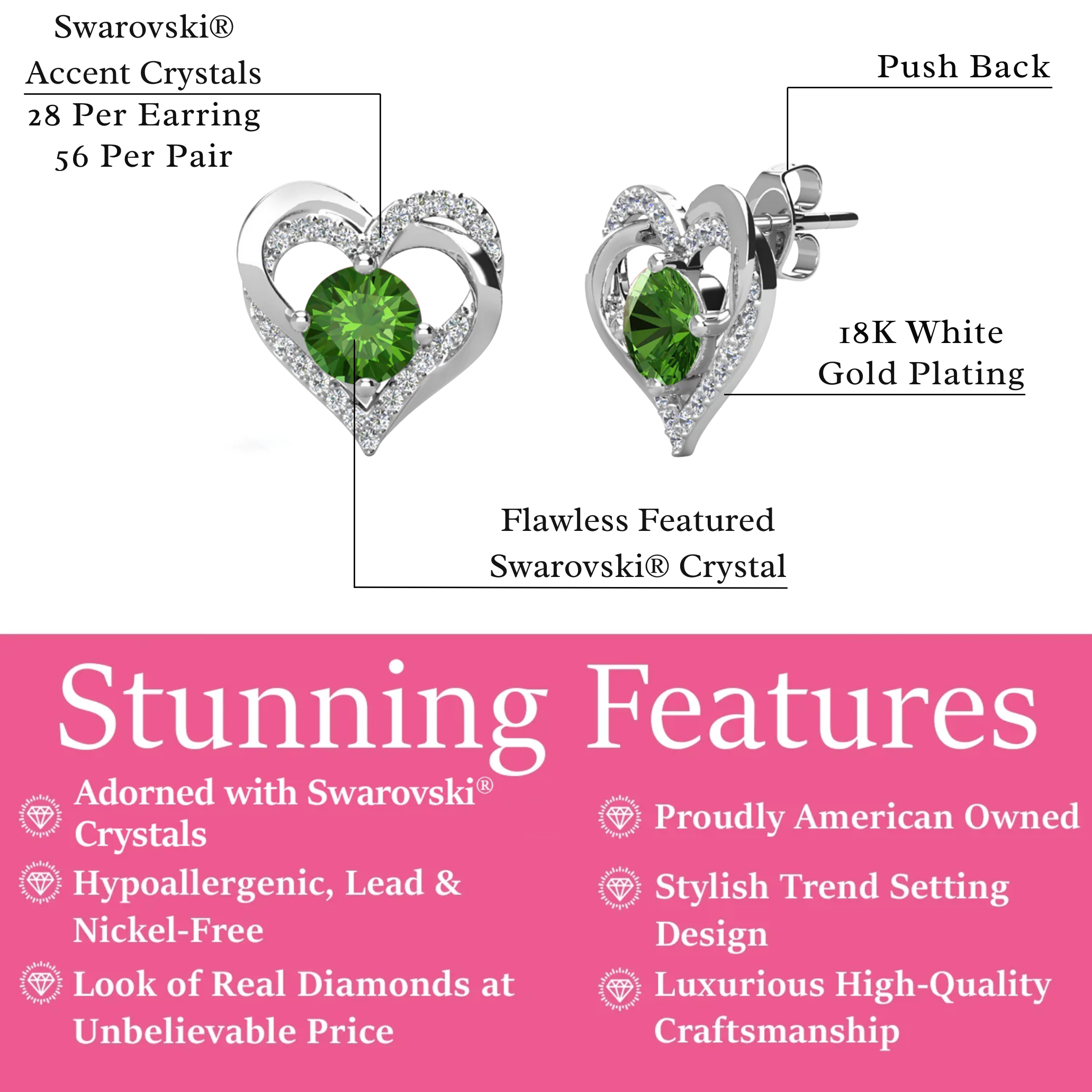 Forever Birthstone 18k White Gold Plated Double Heart Stud Earrings with Swarovski Crystals