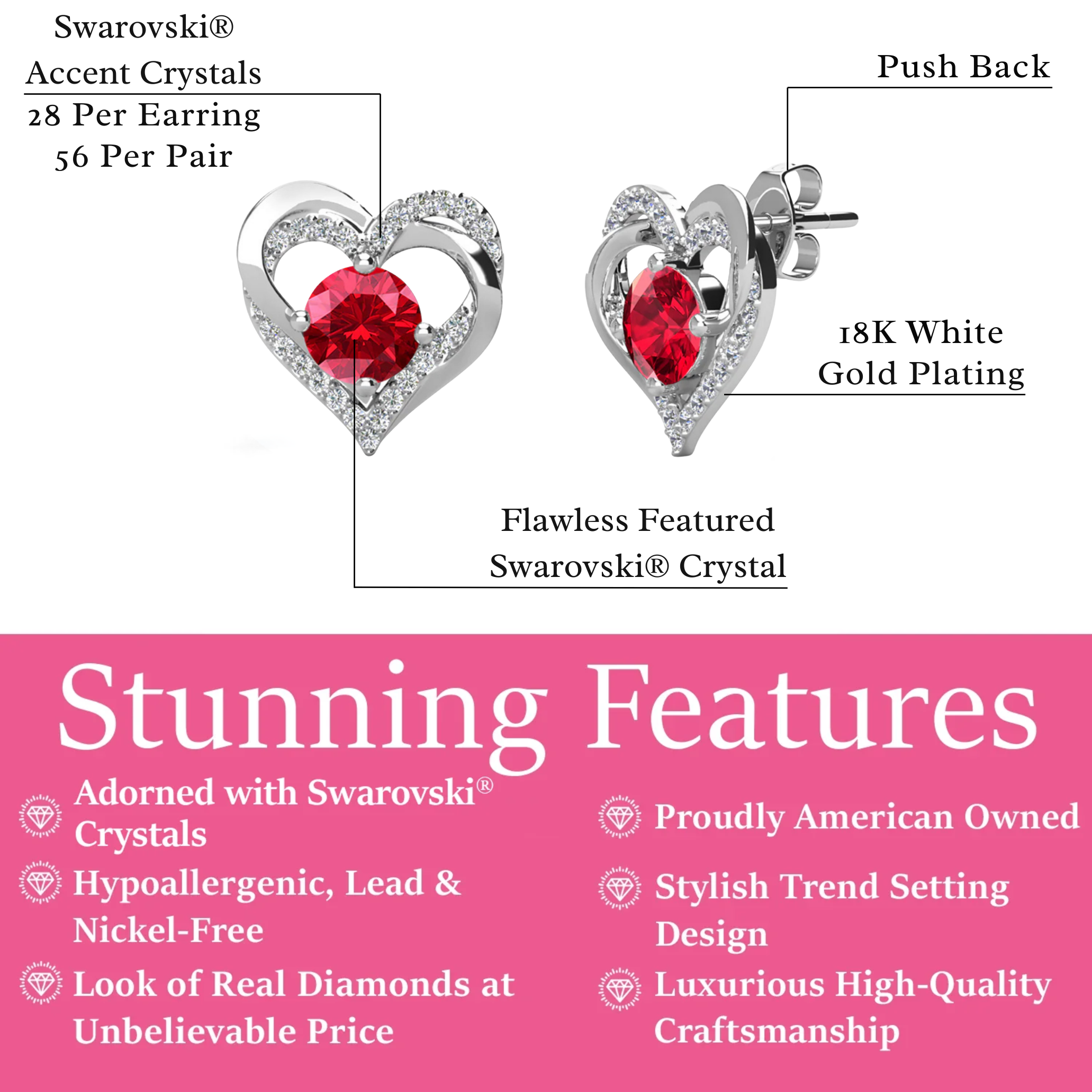 Forever Birthstone 18k White Gold Plated Double Heart Stud Earrings with Swarovski Crystals