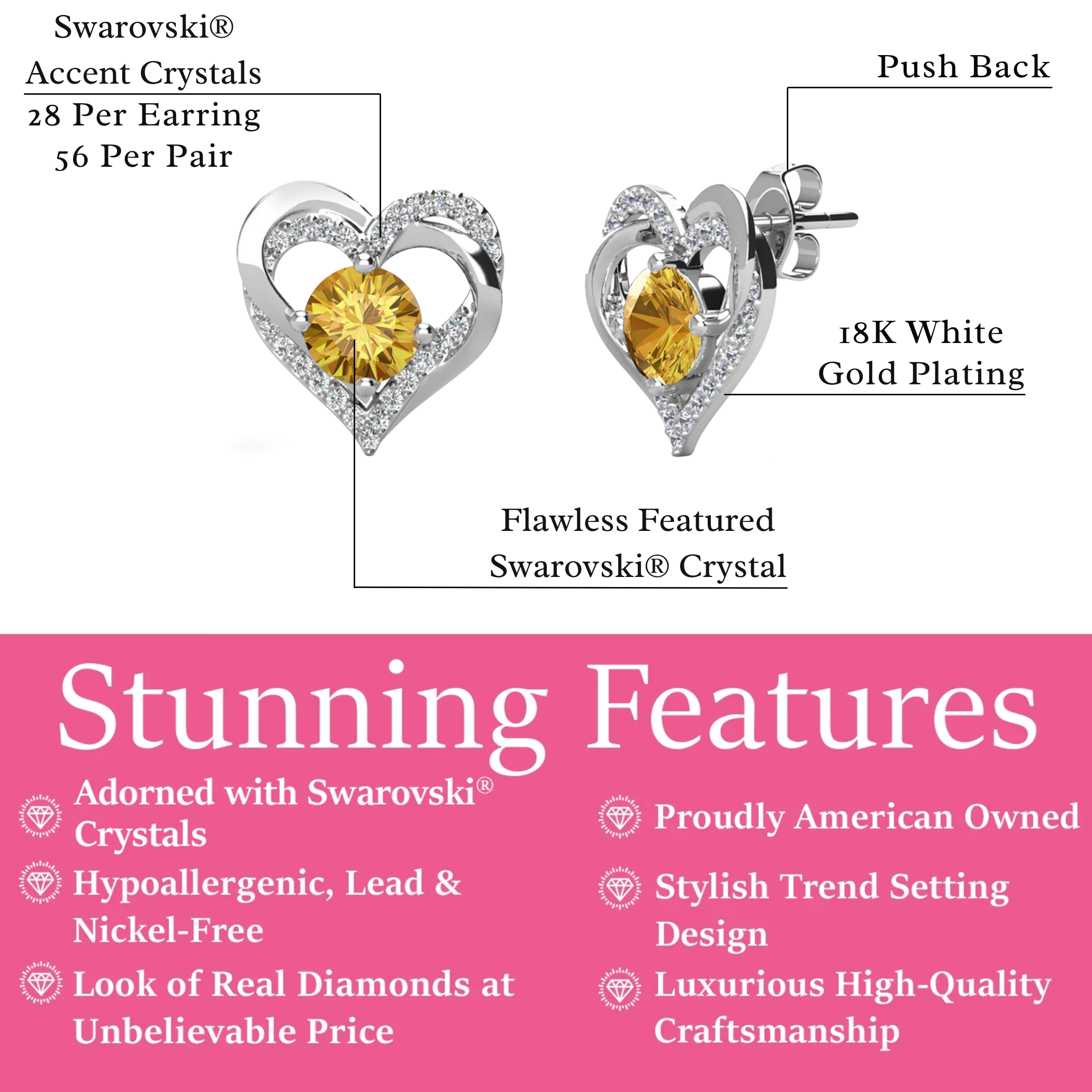 Forever Birthstone 18k White Gold Plated Double Heart Stud Earrings with Swarovski Crystals