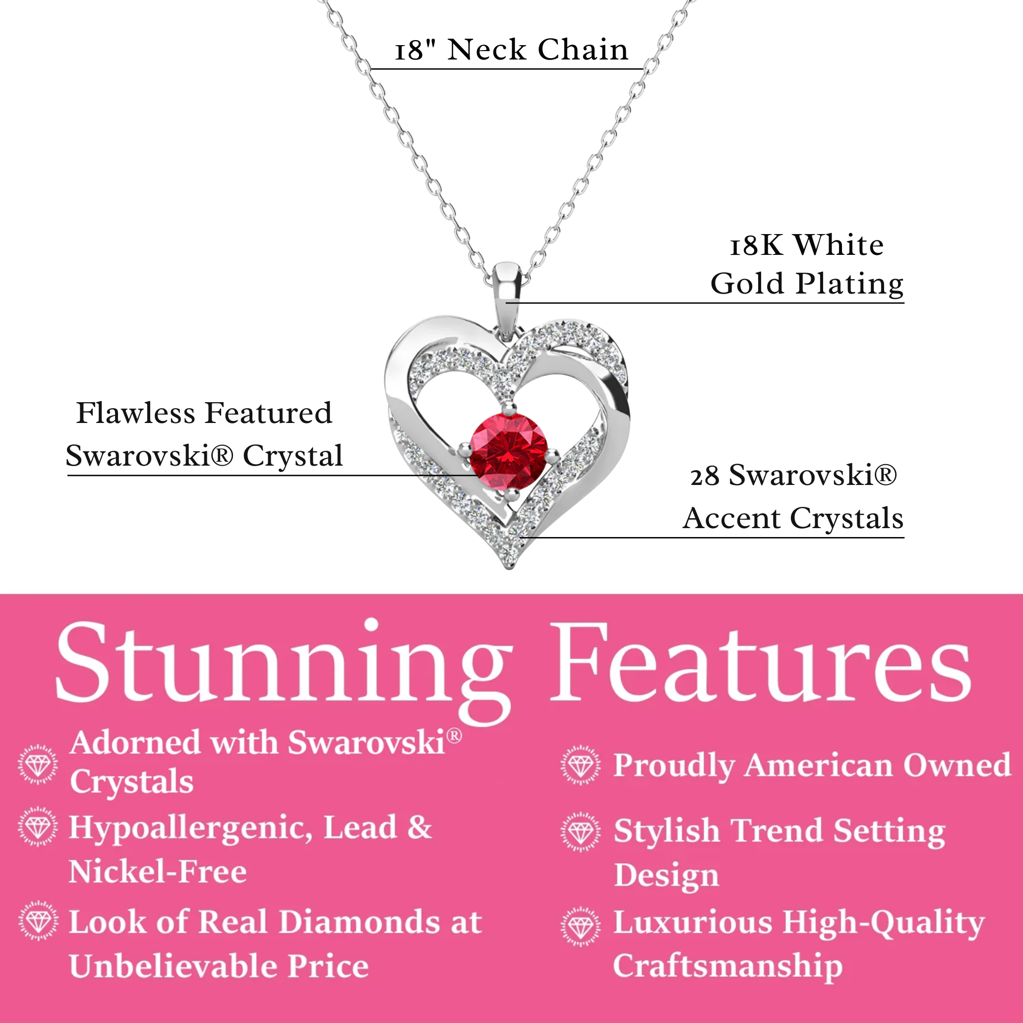 Forever Birthstone 18k White Gold Plated Double Heart Necklace with Swarovski Crystals